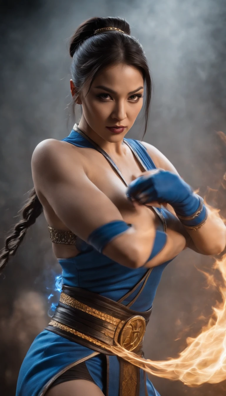 ((Kitana of the Mortal Kombat, Ultra realistic)), (((full body))), ((perfect feet)), stunning, hyper realistic, octan render, surrounded by the effect of smoke and lightning, Mortal Kombat Style, Antique Background, Elegant, Stunning, (Wallpaper), Concept Art, Intricate Details, Highly Detailed, ((Cinemactic)), Dramatic, (Highest Quality, Awarded, Masterpiece:1.5), (Photorealistic:1.5), photography, Realistic photo, Nikon, Natural Light, 4k, highes definition, XF IQ4, 150MP, 50 millimeters, ISO 1000 Certification, 1/250 Years, Natural Light, Adobe Lightroom, photolab, Photographic Affinity, PhotoDirector 365,