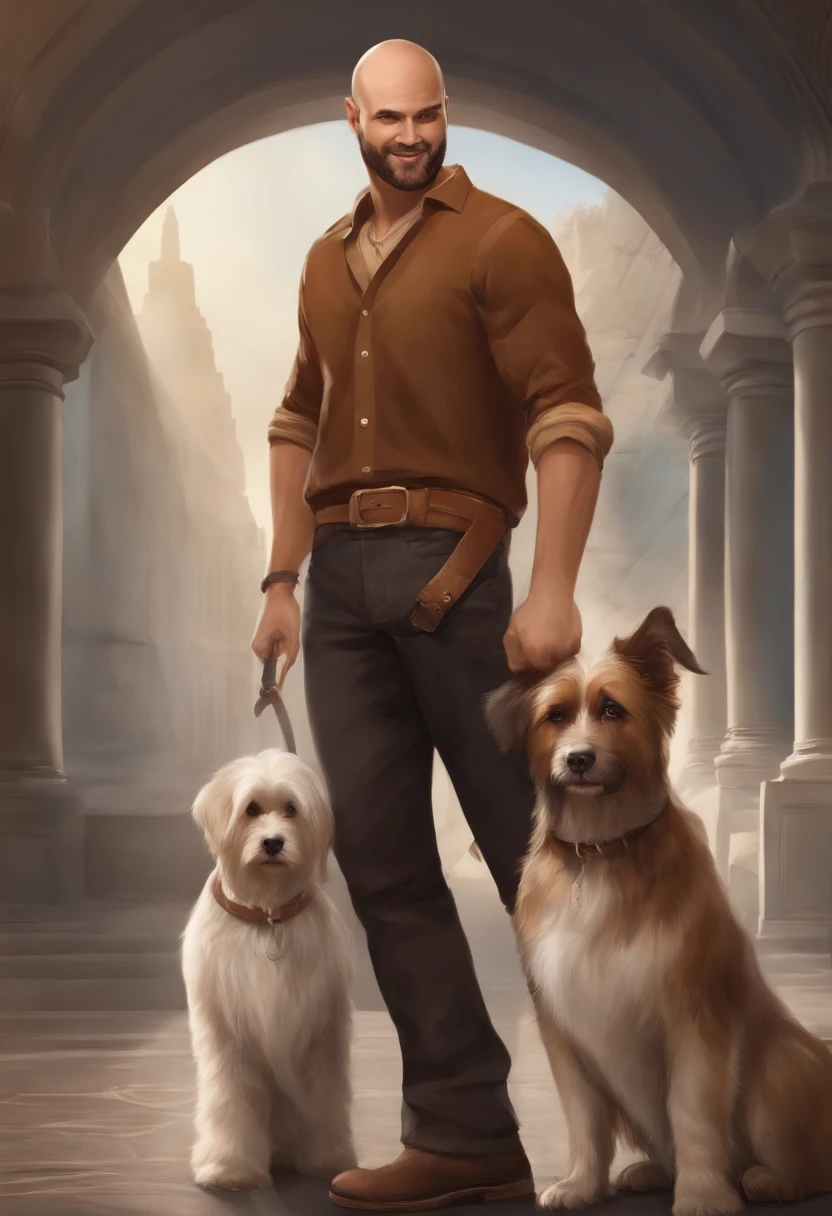 Personagem de desenho animado de um homem usando camisa polo branca,fechada apenas 1 botao e os outros nao ,deixando um pouco do pelo grisalho do peito a mostra,Dark skinny jeans,brown sweater boot worn climber type ,,tem pele clara ,He is bald with very little hair in the front ,middle of the head bald and some gray hairs around,maos grandes ,dentes extremamente alinhados ,tem um sorriso largo ,olhos pequenos ,claros ,cor de mel ,sobrancelhas claras e ralas,is skinny and has 1,70cm de altura,tem um cachorro lhasa apso branco ,da tosa baby que adora passear pelo condominio de predios com 4 andares e da cor bede