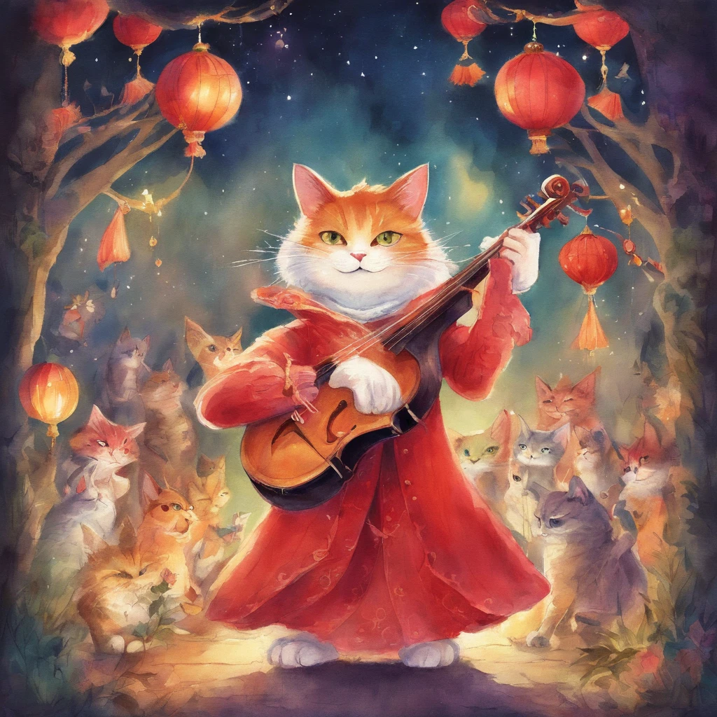 Cat Concert Fantastic atmosphere Picture book illustrations watercolor paiting Overall, the color is strong red