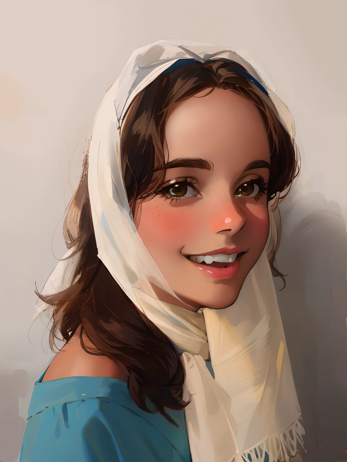 Young Arafed wearing a white scarf and smiling, inspired by Jean-Étienne Liotard, usando gaze amarela de trigo, usando capuz de seda branca, inspirado em Jacques-Louis David, Sqare-jawed em roupas medievais, Girl with pearl earring, wearing a headscarf, inspirado em Adélaïde Labille-Guiard