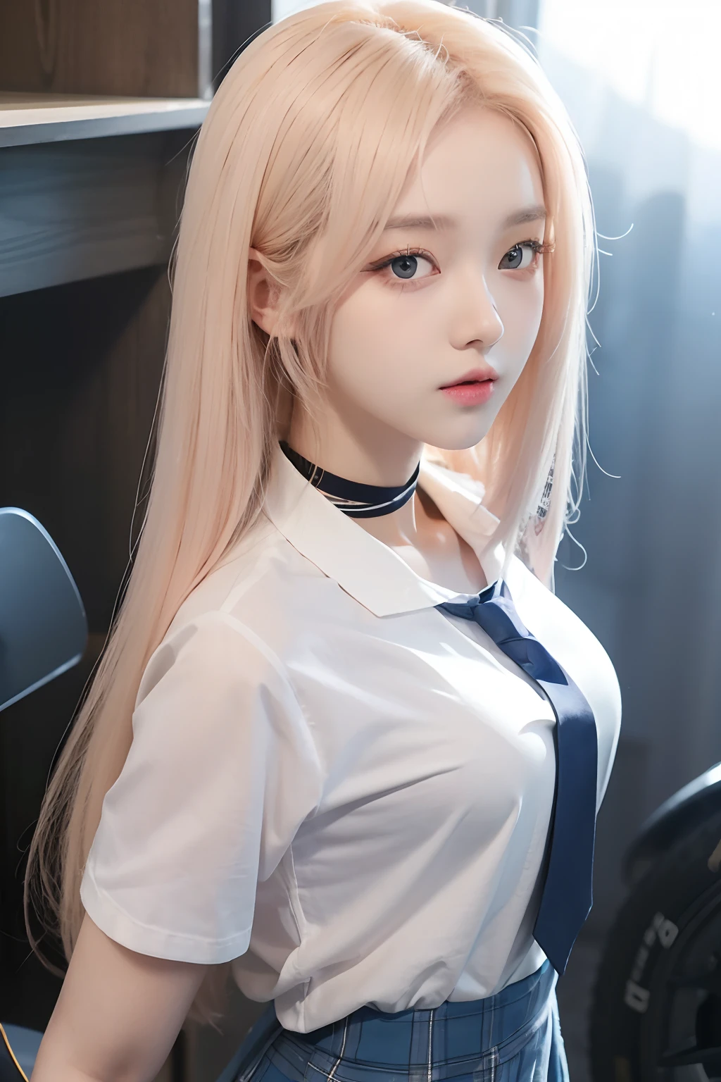 (((Ribbon & Tie、Dress shirt、blouse、high school girl、mini skirt、White background)))、forehead、Northern Europe、Russia、beautiful girl、Platinum Blonde Hair、Straight long hair、Hitting the face and front of the eyes、Big blue eyes、Sheer white and wet nightgown、Northern Europeの若者、Perfect body、White tendons、Glowing Skin、Young and beautiful skin、A perfect and beautiful little face、Bright makeup、Pale pink lips、Bright expression、16-year-old girl、lipstick、Deceptive advertising、Viewer's vision、Golden Hour Lighting、Bokeh Atmosphere Perspective、detailed、Movie Light、複雑なdetailed、High resolution、 フェイスデザインのdetailedな特徴、Attention to detail、Clear focus、Smoothness、aesthetics、Printed、Octane、{{masterpiece}}