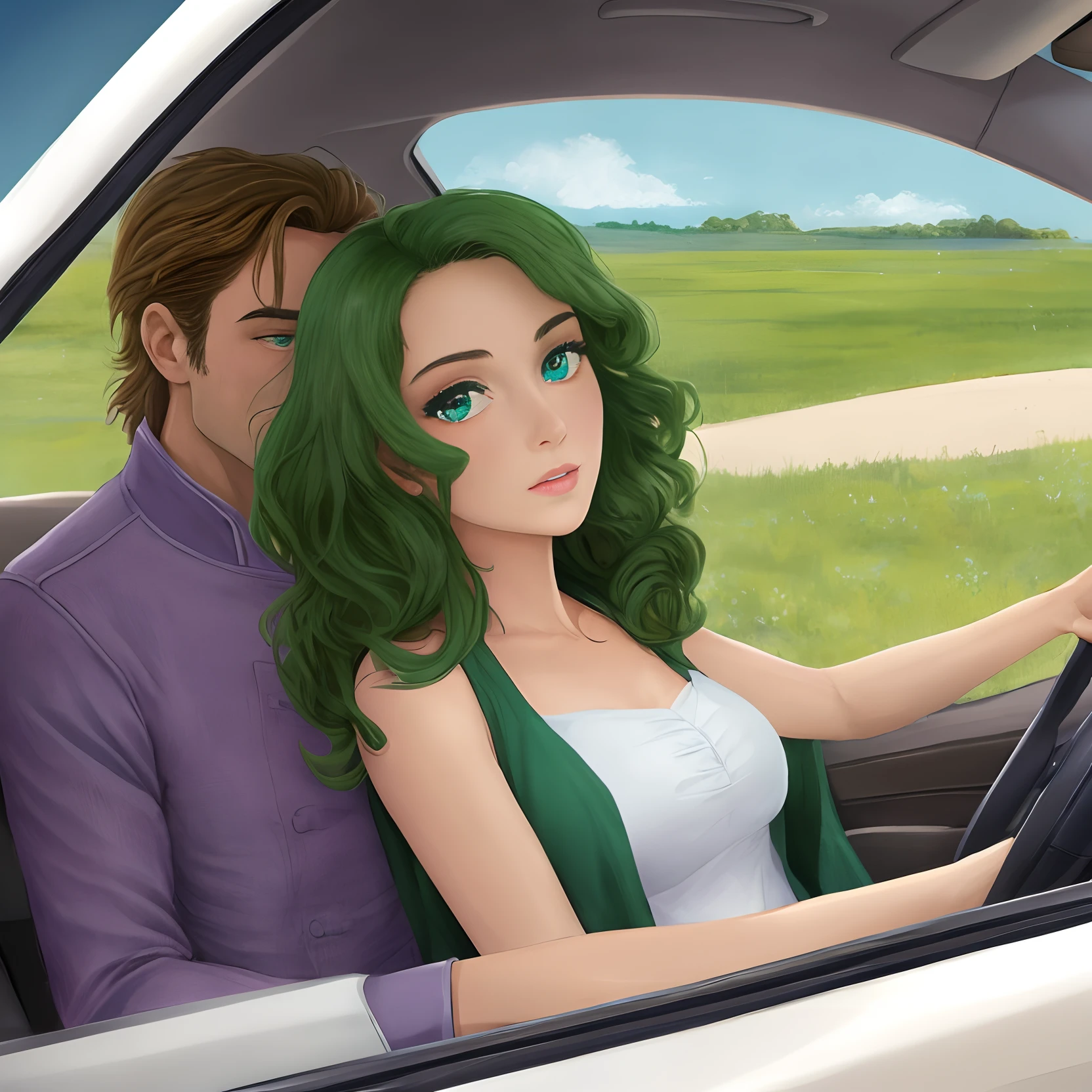 art Disney Pixar un
homme aux cheveux courts brun visage sérieux, yeux brun avec une
femme métisse aux cheveux bruns en tresses collés, aux yeux vert foncé
tout ça devant des voiture de course en tenue de pilote