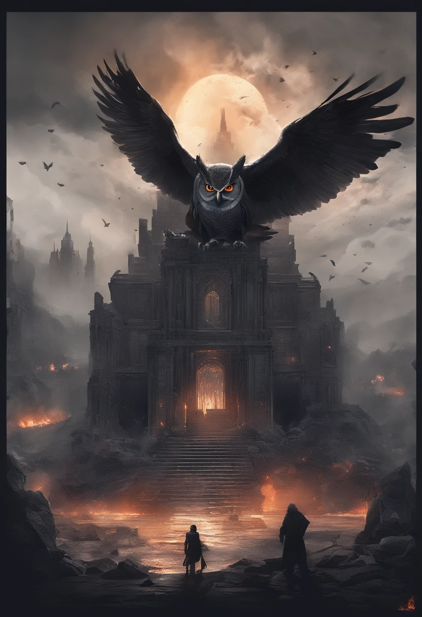 A doomsday scene，Huge owls stand on the ruins of the ancient castle，Collapsed buildings，Rubble blocks，fire glow，dense smoke，waterface，inverted image，Sharp focus，Bokeh，depth of fields，Works of masters，super-fine，Hyper-realistic，8K，Best picture quality，Detailed description，电影灯光，cinematic perspective