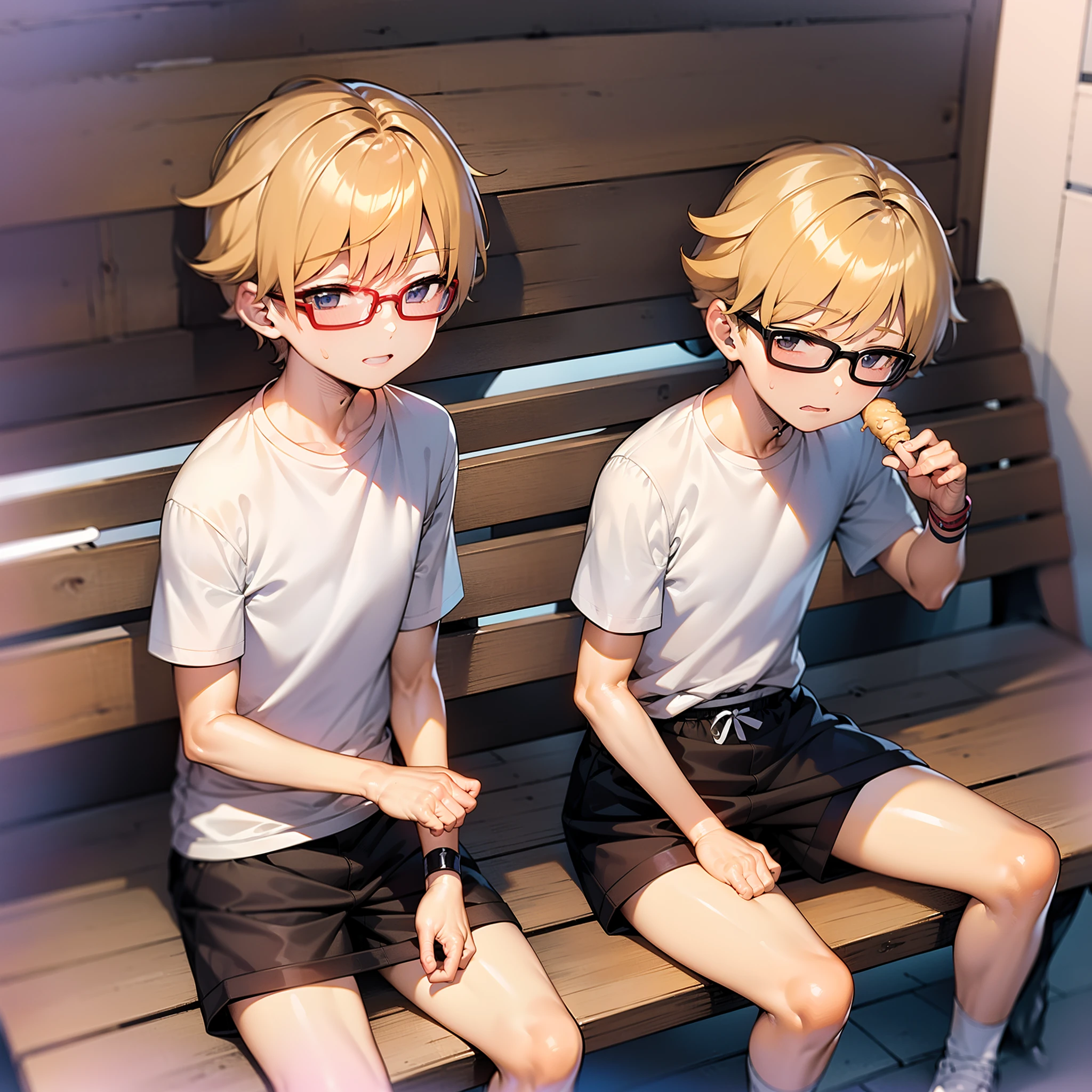 14 year old boy, (1boy), femboy, short and blonde curly hair, glasses, white shirt, cat face on shirt, black tight underwear, sitting on a bench, eating ice cream, sexy, alluring, shota, attractive, child