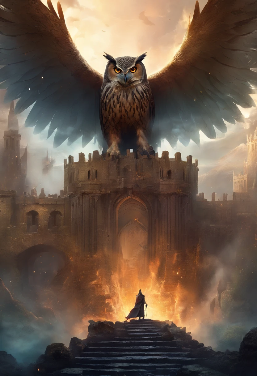 A doomsday scene,Huge owls stand on the ruins of the ancient castle,Collapsed buildings,Rubble blocks,fire glow,dense smoke,waterface,inverted image,Sharp focus,Bokeh,depth of fields,Works of masters,super-fine,Hyper-realistic,8K,Best picture quality,Detailed description,电影灯光,cinematic perspective