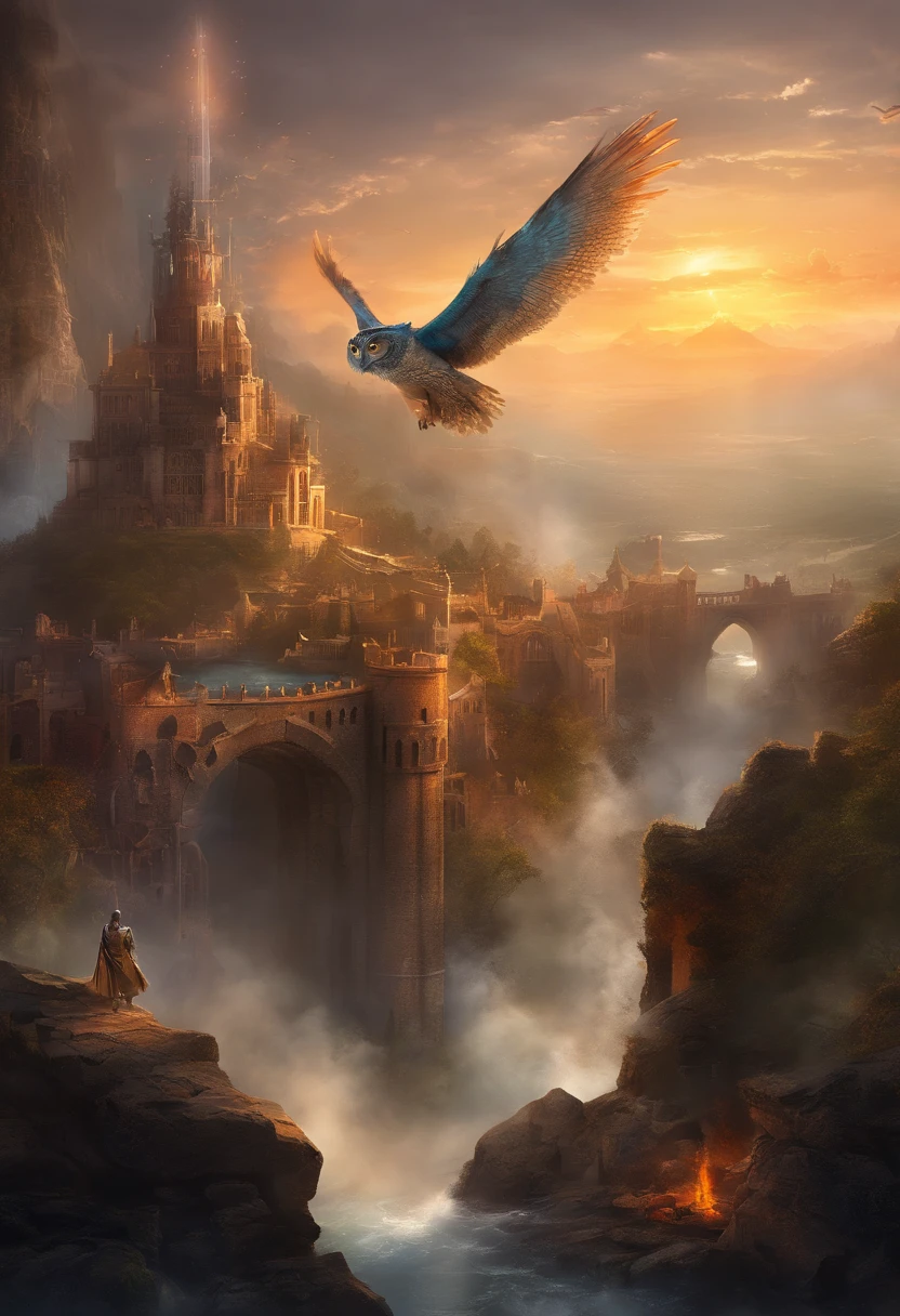 A doomsday scene,Huge owls stand on the ruins of the ancient castle,Collapsed buildings,Rubble blocks,fire glow,dense smoke,waterface,inverted image,Sharp focus,Bokeh,depth of fields,Works of masters,super-fine,Hyper-realistic,8K,Best picture quality,Detailed description,电影灯光,cinematic perspective
