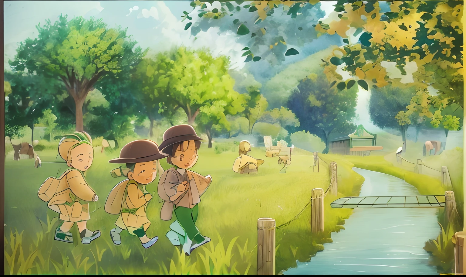 a green field and a river, scenery artwork, anime countryside landscape, anime scenery concept art, anime scenery, anime landscape, beautiful anime scenery, anime background art, style of makoto shinkai, anime nature, scenery art detailed, studio glibly makoto shinkai, anime beautiful peace scene, anime landscape wallpaper