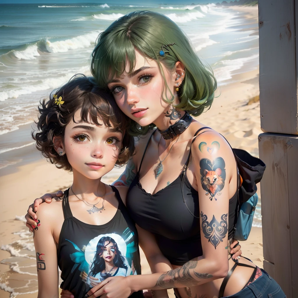 artaz Disney Pixar with title in Portuguese,  Title in Portuguese Like Mother Like Daughter
Poster with 2 people , uma menina de 4 anos e uma mulher 28
 na praia rio de janeiro ,piquini de bolinha iguais .
menina cabelo cacheado castanho escuro e olhos verdes 
mulher cabelo medio castanho franja curta e piercing septo, covinha buchecha,  Sardine and tattoo all over neck insects