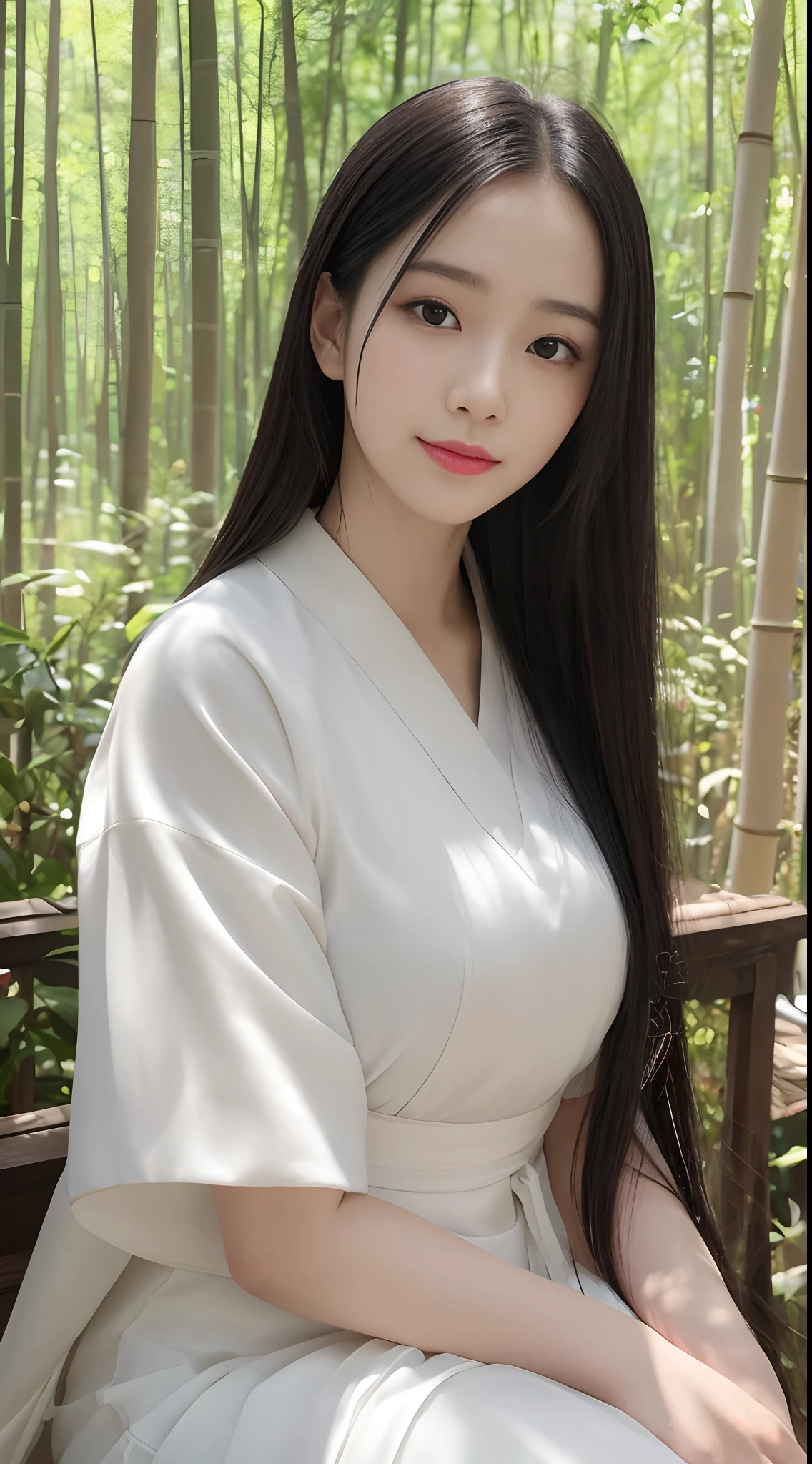 (Best quality,4K,A high resolution,Masterpiece:1.2),Realistic,White Hanfu,Long black hair,Beautiful detailed eyes,beautiful detailed lips,peaceful expression,gently smiling,In the hazy bamboo forest,ssmile,Semi-hidden paths,Dappled sunlight,tranquil ambiance,Traditional Chinese painting style,Vivid colors,Soft lighting