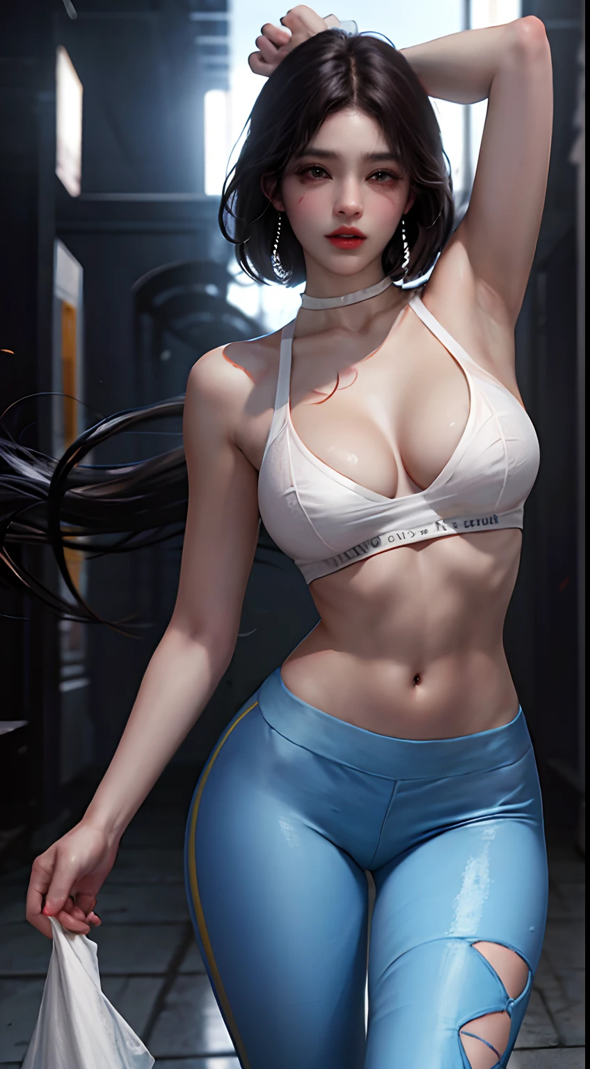 (High resolution, realista) retrato de una hermosa chica coreana con (cabello blanco ondulado) y (heterochromic eyes)Ella lleva un (Camisa blanca suelta) y (pantalones de yoga) que la muestran (abdominales apretados) y (Dedos de camello), mientras que su (pechos gryes) y (piernas largas) add to the allure.