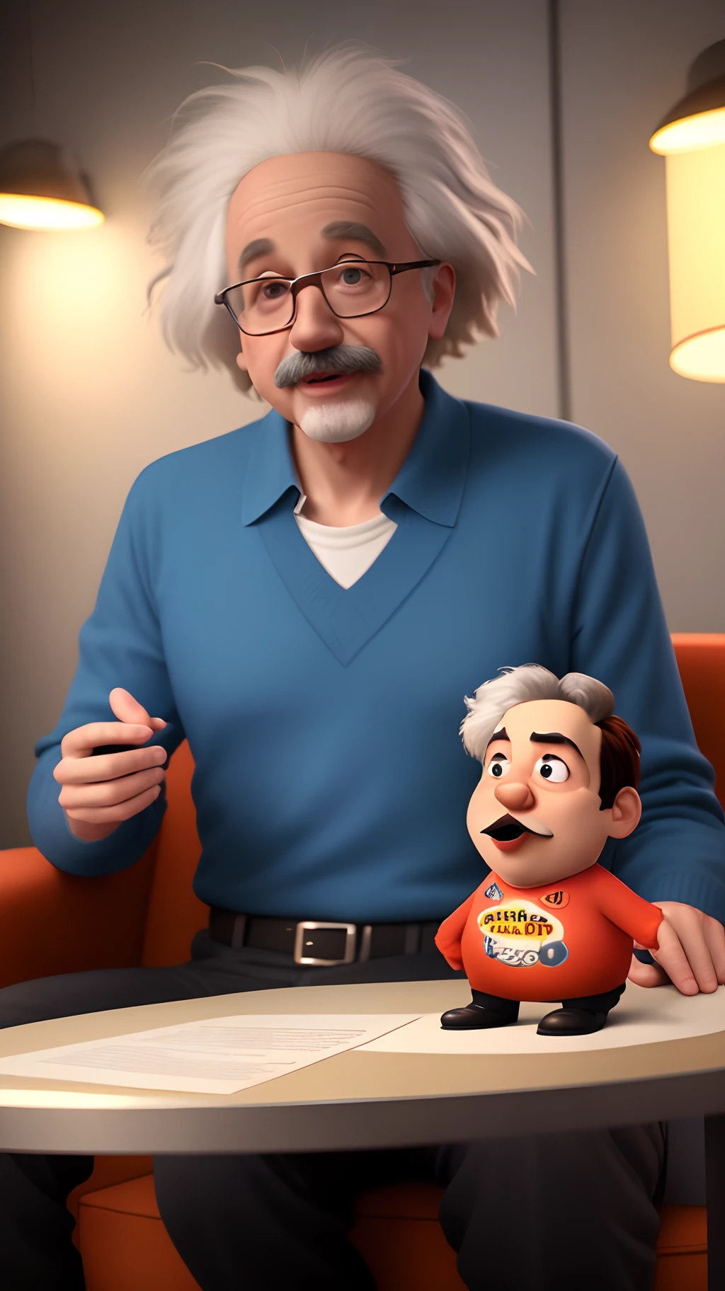 Crie um poster 3d estilo Disney Pixar com Albert Einstein como entrevistado em um talkshow. Mostre Einstein o sendo entrevistado por Jimmy Fallon em The Tonight Show. Alta qualidade, maior qualidade