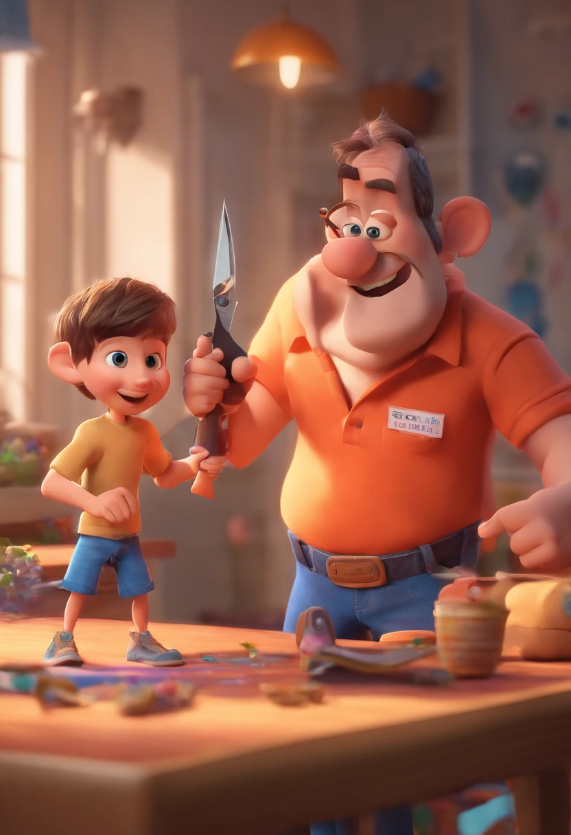 Estilo Pixar: The grown man is holding a naked blue-eyed boy and in his other hand he is holding a pair of scissors and is trying to cut off the boy's testicles,3D Poster,Disney