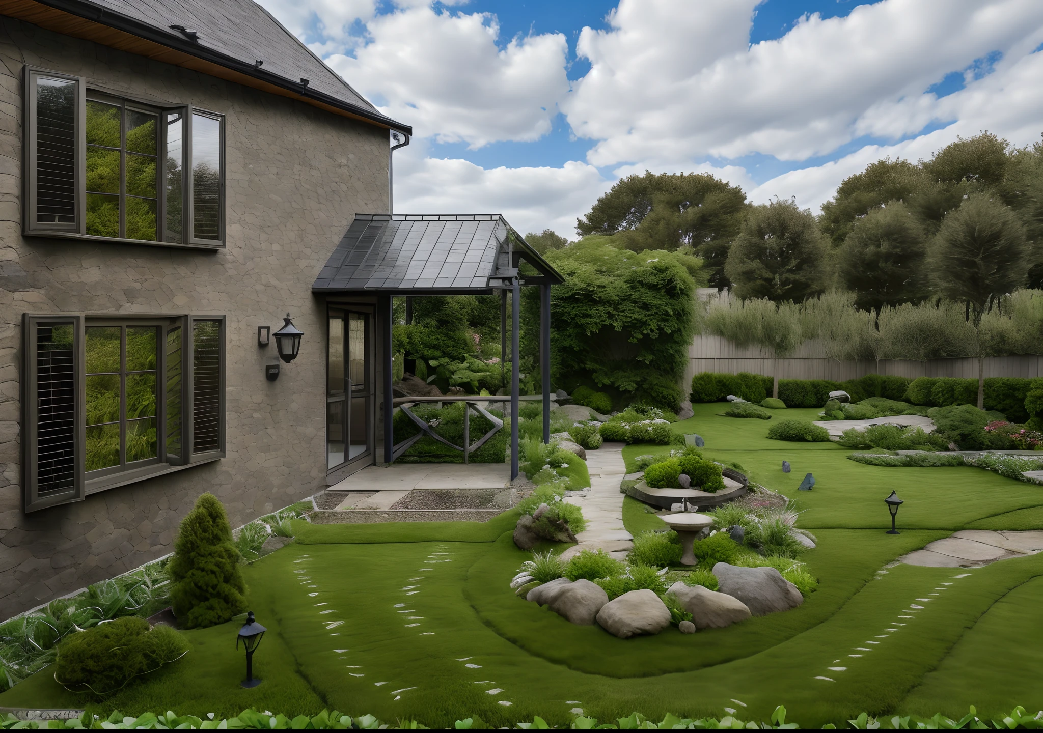 (( best quality)) (( ultral realistic)) photo of garden, close of small house , stone on grass, grass way