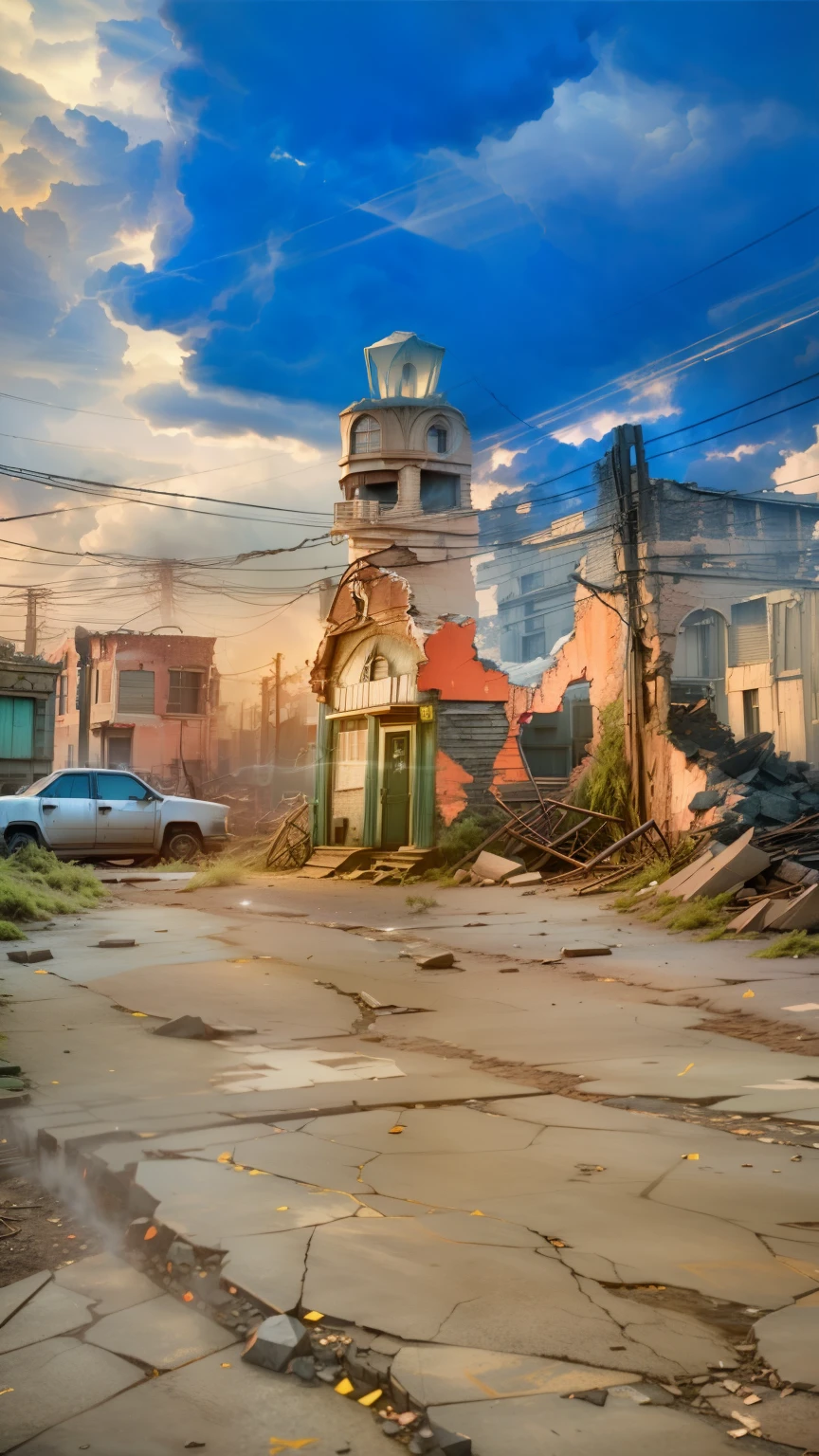 Create an 8K visual composition that captures the ghost town of Centralia as an intriguing and mysterious location. Utilisez des logiciels, Targeted light to highlight details of crumbling structures, such as cracked walls and broken windows. Add elements of smoke coming out of cracks in the ground to convey a sense of mystery and otherworldly surroundings