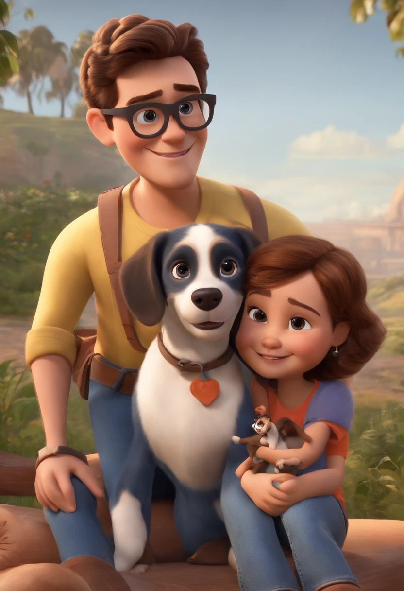 Pixar. Casal com um filhote de cachorro beagle marrom. A  tem os cabelos loiros amarrados, Camiseta cinza e jeans claro, white glasses. O meninobelos pretos com cabelos grisalhos, barba pequena, oculos, Dark blue jeans and gray t-shirt. They are both smiling and are 40 years old