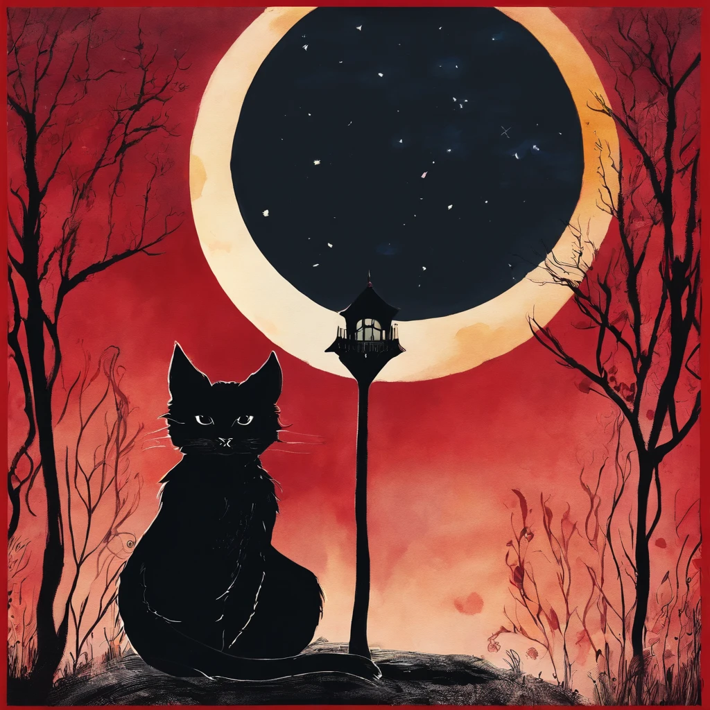 Silhouette Cat Concert with a large moon in the background on the roof Fantastic atmosphere Picture book illustrations watercolor paiting Overall, the color is strong red