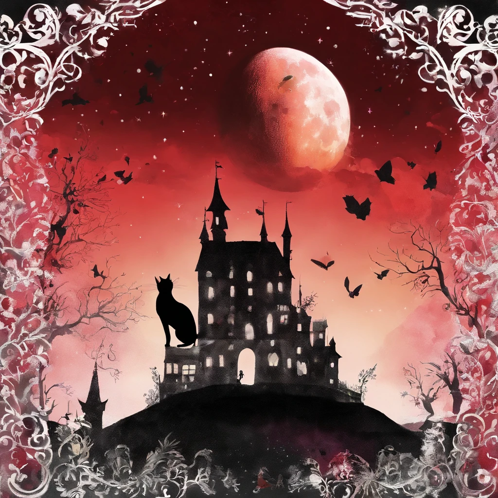 Silhouette Cat Concert with a large moon in the background on the roof　Fantastic atmosphere　Picture book illustrations　watercolor paiting　Overall, the color is strong red