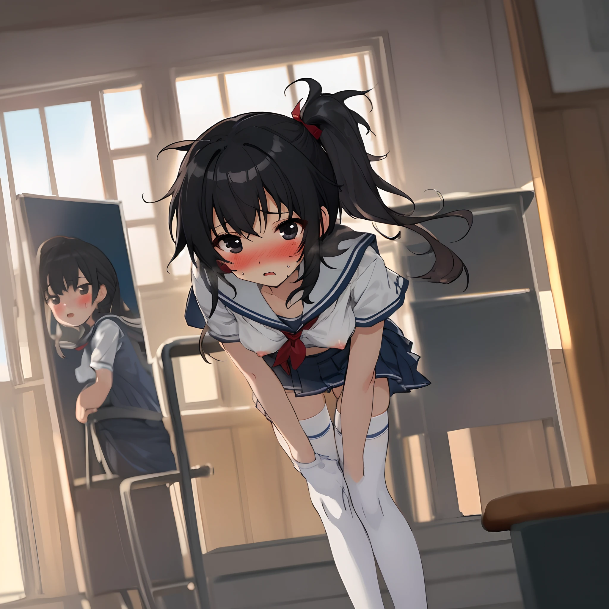 1girll,Chinese, Slim figure,Students,indoor,Beautifully detailed eyes，Messy hair，Long hair, flipped hair，hair glowing，angle of view，((Blush)),((rough breath)),Black eyes,Perfect face,Small breasts,White school uniform,Perfect feet,uwabaki,Small waist,Side ponytail,,Head down，standing，white legwear，（NSFW）、Black color hair