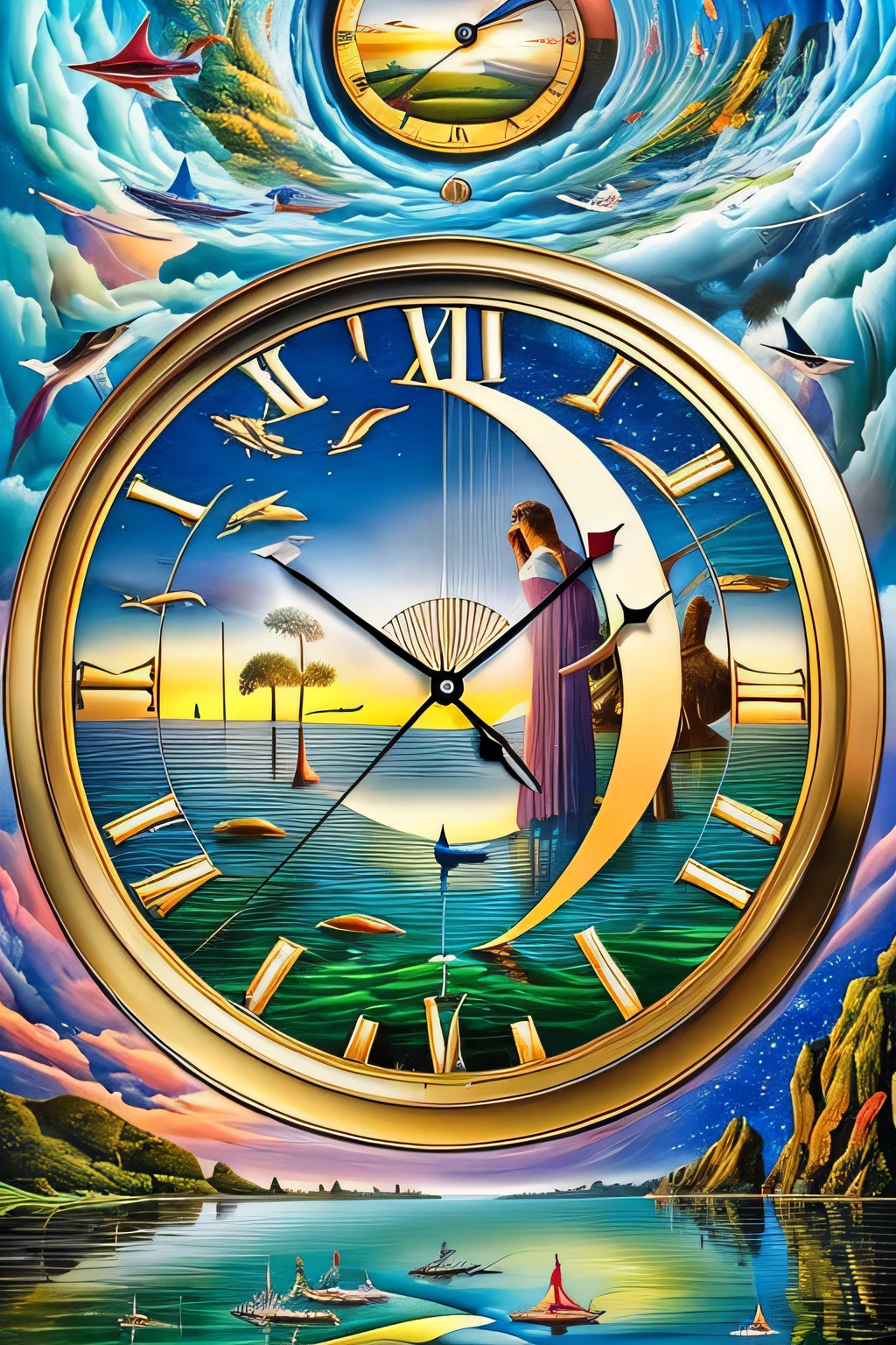 In a surrealism painting, a clock melts over a tranquil ocean, while (elephant-headed ballerinas) pirouette on its liquefied surface, beneath a sky of (jigsaw puzzle pieces) arranged haphazardly, hinting at a hidden cosmic order.