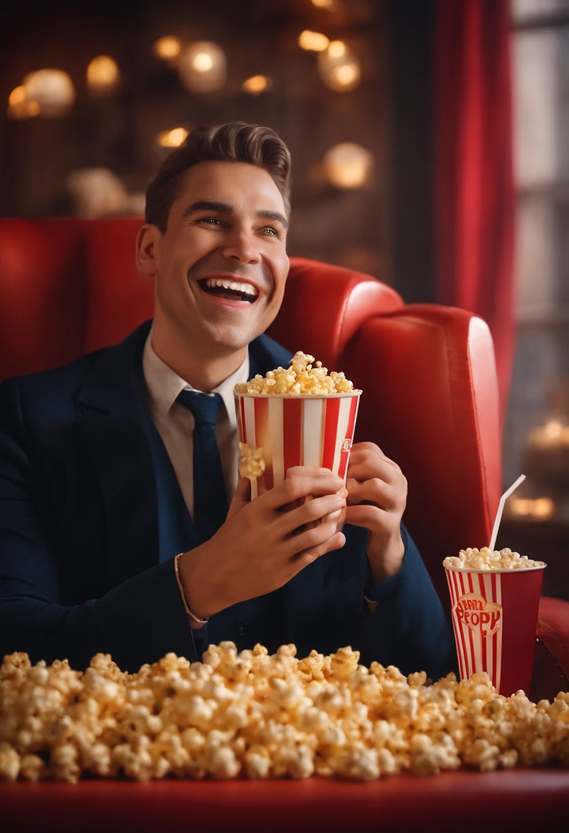 Make me a picture of a happy 3d man holding his popcorn and his soda