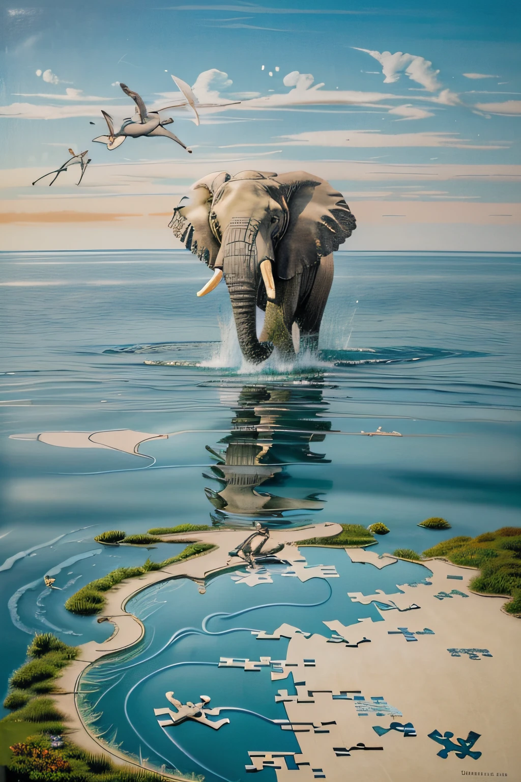 In a surrealism painting, a clock melts over a tranquil ocean, while (elephant-headed ballerinas) pirouette on its liquefied surface, beneath a sky of (jigsaw puzzle pieces) arranged haphazardly, hinting at a hidden cosmic order.