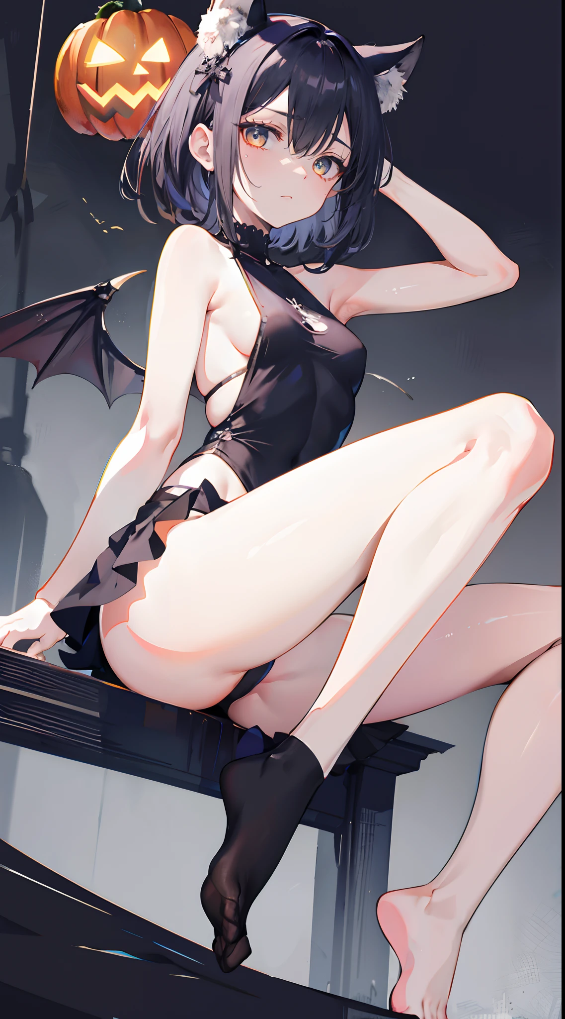 opening legs，No underwear， the feet，is shy，sitted， Feet，Exposed genitals，clear liquid，Bigchest，transparent panty，soaking wet，Hold your thighs from behind with your hands，Emotive expressions，Ambiguous，taunt，Succubus，Unoccluded，There is no lower limit，Mesh socks，camel-toe，Halloween，sweat soaked，cleanness， Shape