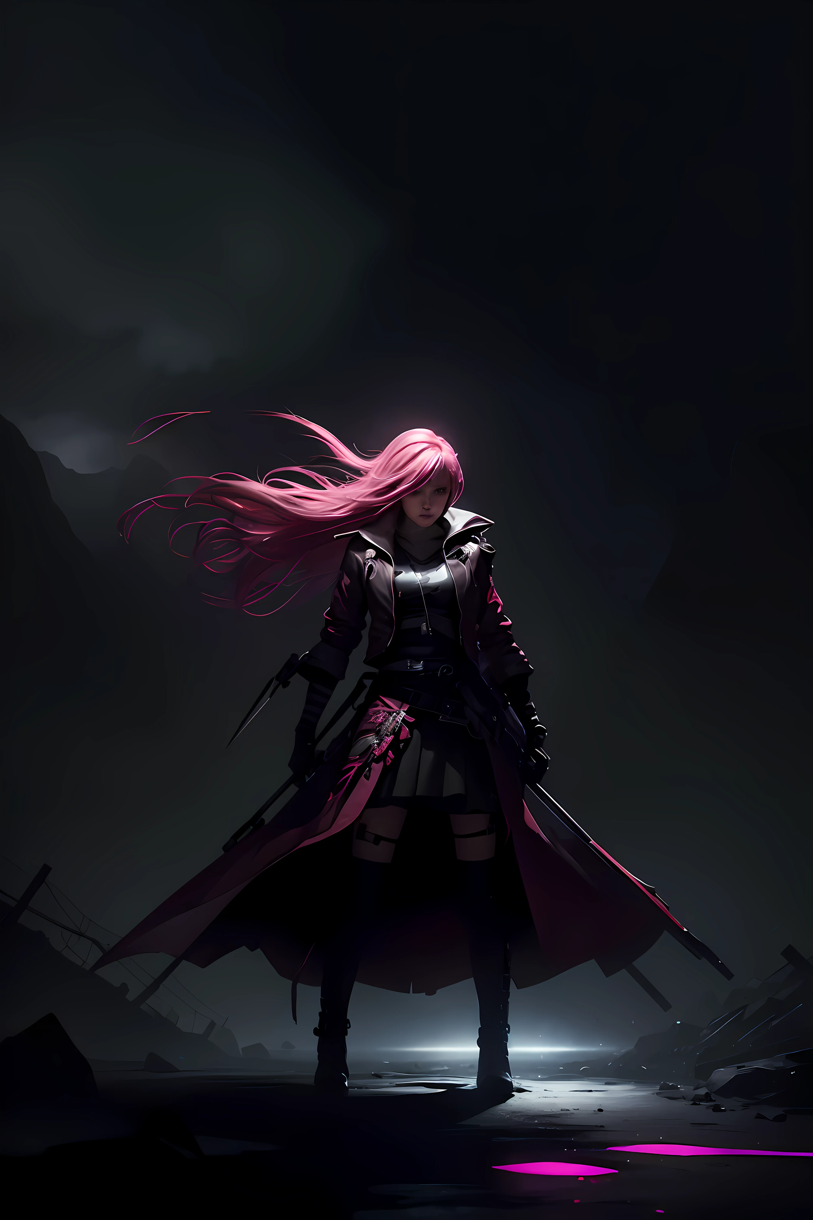 Hitori Gotō (Gotō Hitori?) Retrato ultra detallado , Warm Pink Hair Black Skirt Cyberpunk Ambience, con una guitarra, tocadola caminando,Shaded illustration of high-quality cells in post-apocalyptic style, cuerpo completo, dynamic pose, Perfect Anatomia, centrado, libertad, alma, approach to perfection, Sombreado de celdas, 4k, cinematic dramatic atmosphere, Pintura de acuarela, global ilumination, Entorno detallado e intrincado, Art Station, arte conceptual, fluid and sharp focus, volumetric illumination, cinematography lighting
