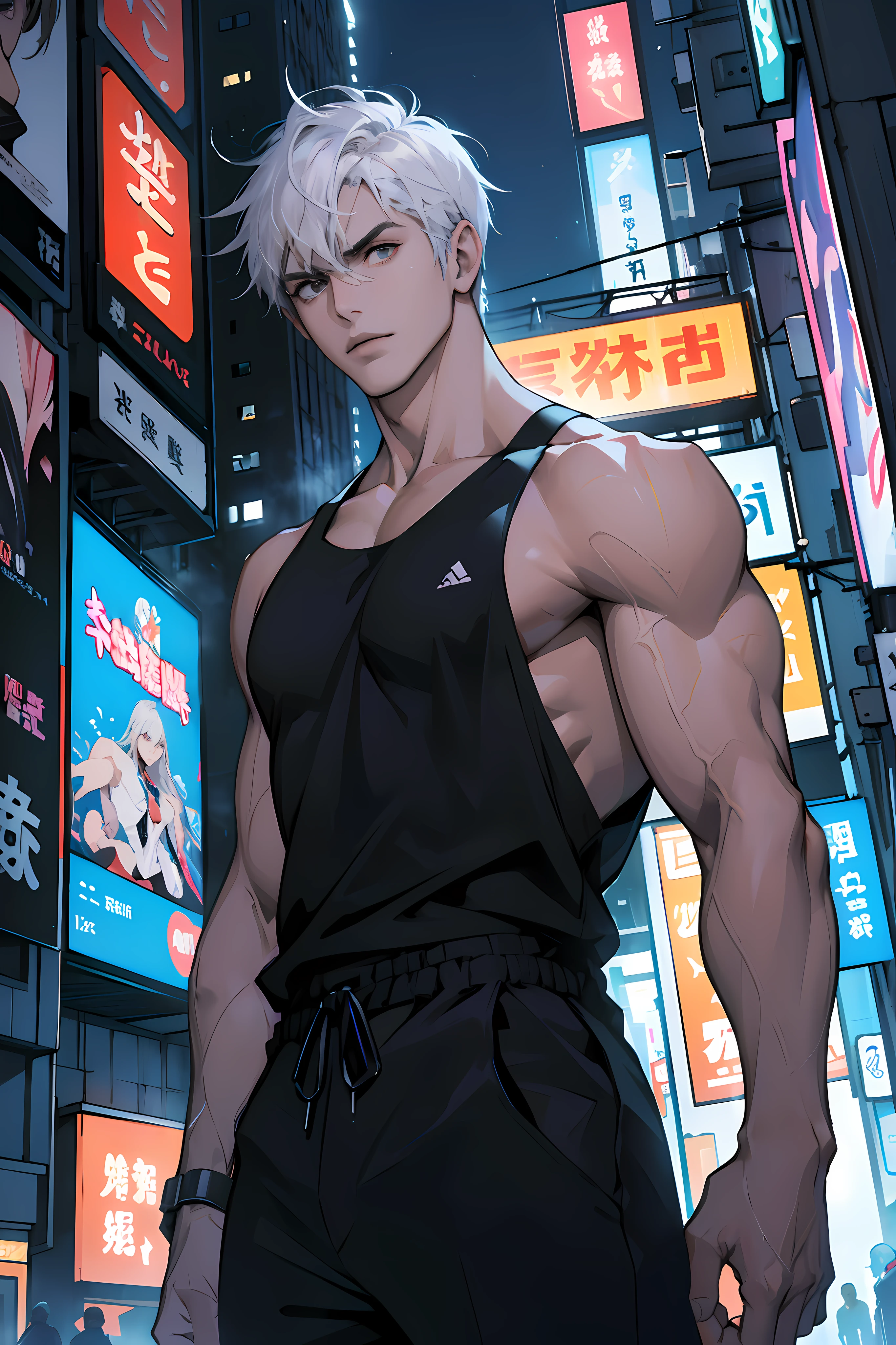 (absurdres, highres, ultra detailed, anime style), 1boy, adult, handsome, tall muscular guy, broad shoulders, finely detailed eyes and face, silver hair, short hair, hair between eyes, dark brown eyes, holographic, triad guy, white tank top, portrait, intense run, speed, neon-lit night city, Hong Kong, neon sign, skyscraper, Cyan, Magenta, (dutch angle), closed mouth