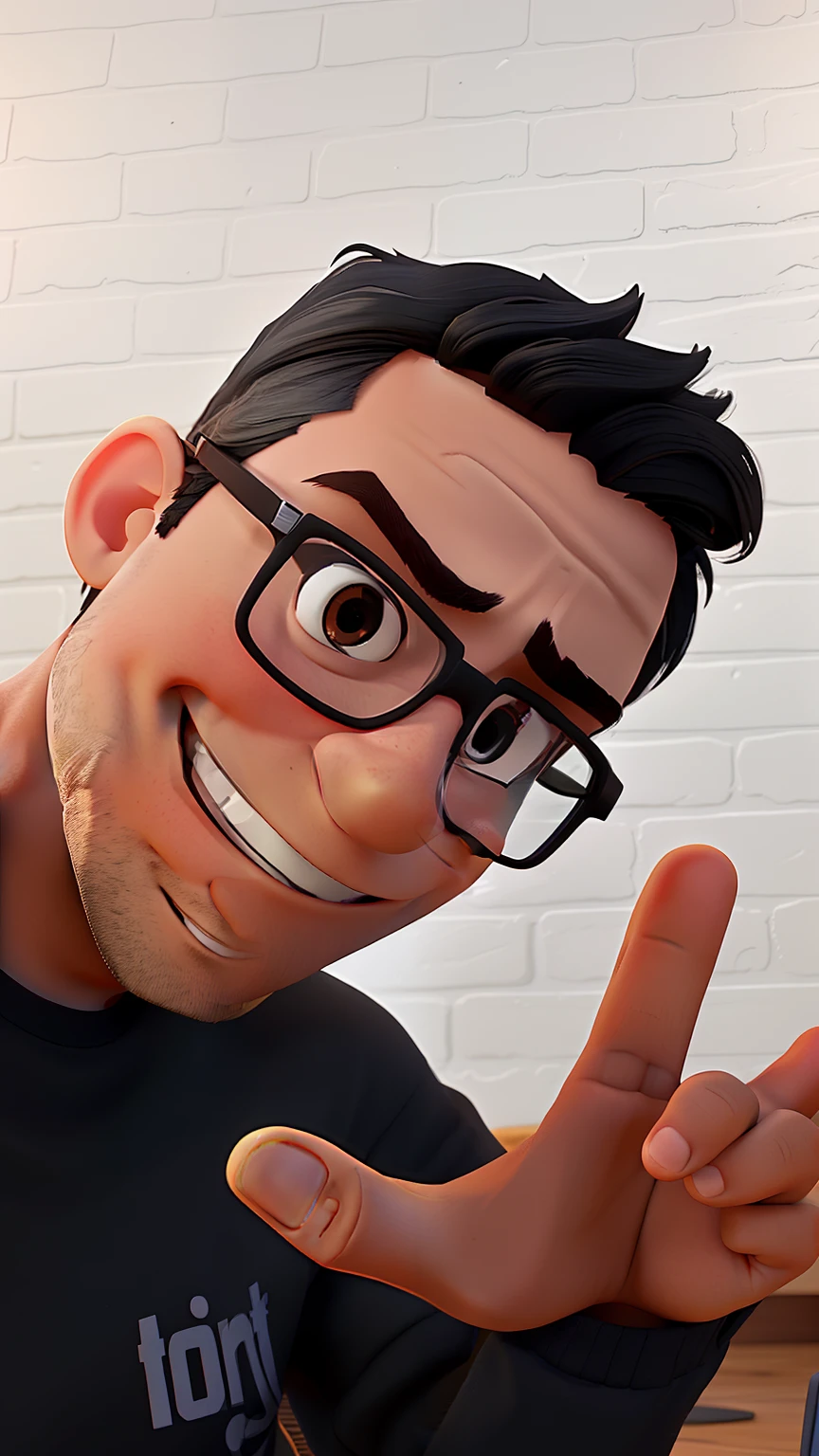 There's a man with black hair and pixar glasses, Make a three sign with your hand.