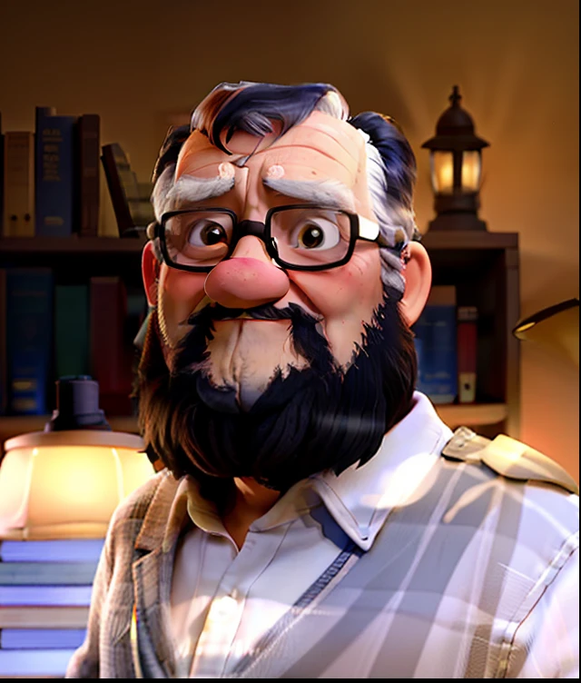 A wise old man standing in front, illuminated by the light of a lamp, against the backdrop of a library
