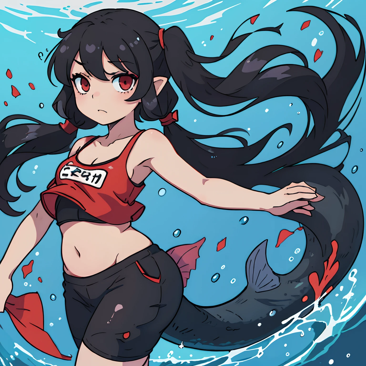 mermaid、naked、Flat Chest、belly button、delicate、Tentacles extending from above, below, left and right、Enveloped by tentacles from all around、Inside the Red Cave、Troubled face