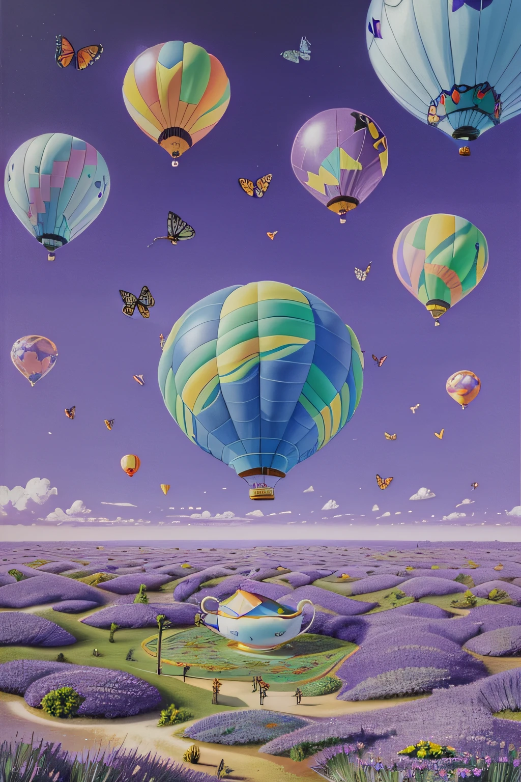 In a surrealism painting, a (giant teacup) stands amidst a (lavender forest), pouring a torrent of (colorful butterflies) that transform into soaring (hot air balloons) above a (marshmallow city) below.