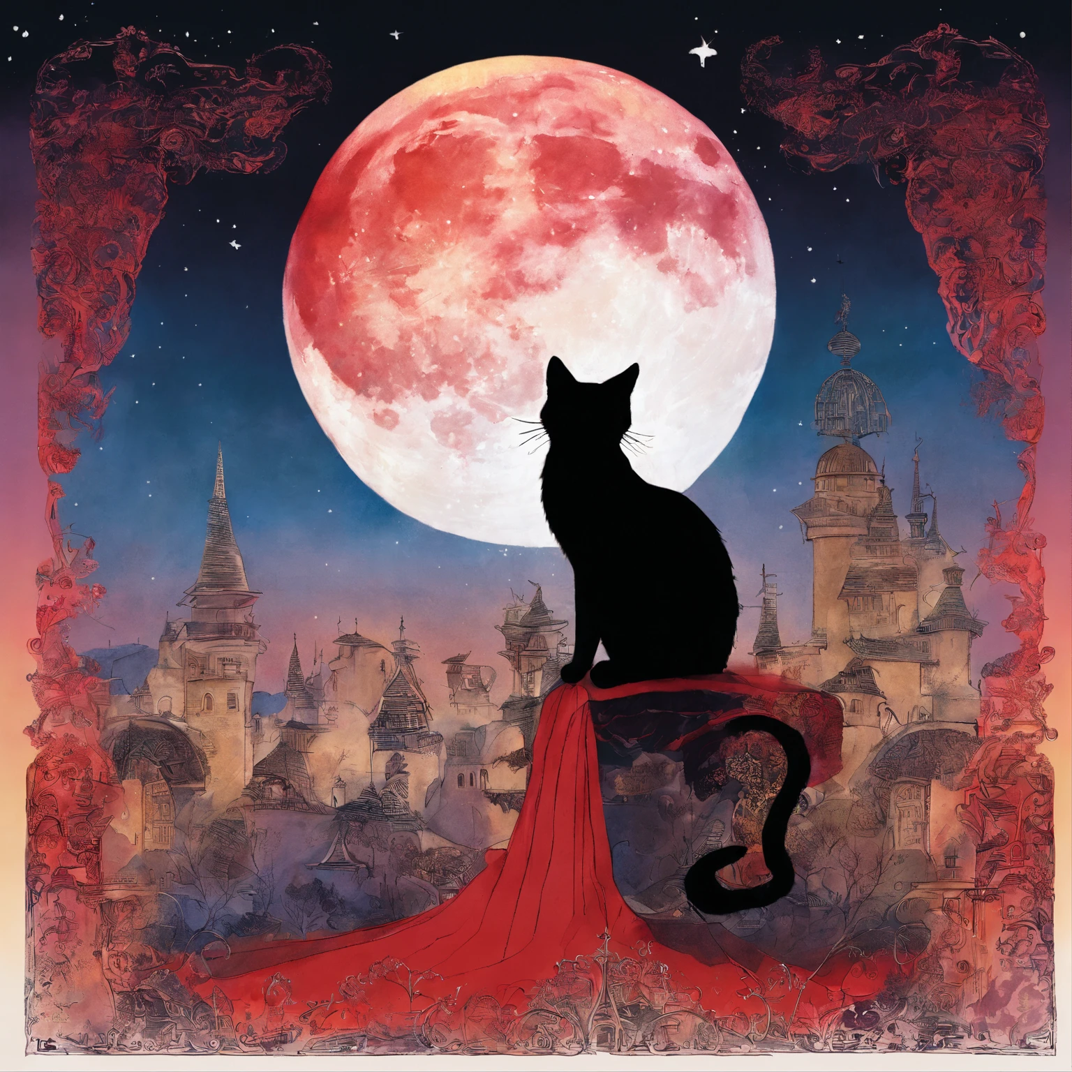 Silhouette Cat Concert with a large moon in the background on the roof Fantastic atmosphere Picture book illustrations watercolor paiting Overall, the color is strong red