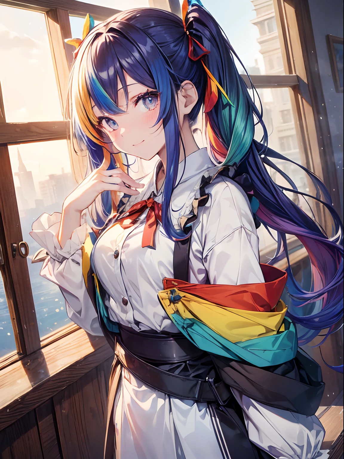 (masutepiece:1.3), (8K, Photorealistic, Raw photo, Best Quality: 1.4), Beautiful face, (Realistic face), Beautiful detailed eyes, (Realistic skin), Attractive, Intricate details,Golden ratio, 1 girl,Naughty smile, (rainbow hair:1.4),((Long twintails,Ribbon 1.4)),(Blue butterfly hair ornament),newyork, (gradation hair, Dutch angle:1.3), film grains, chromatic abberation, 城市, ​masterpiece, top-quality, Raw foto, Photorealsitic, absurderes, 1girl in, cute little, Near and far law, cowboy  shot, hight resolution, ultra-detailliert, Eyes and faces with detailed, Sharp pupils, Realistic pupils, foco nítido, 夏天, natta