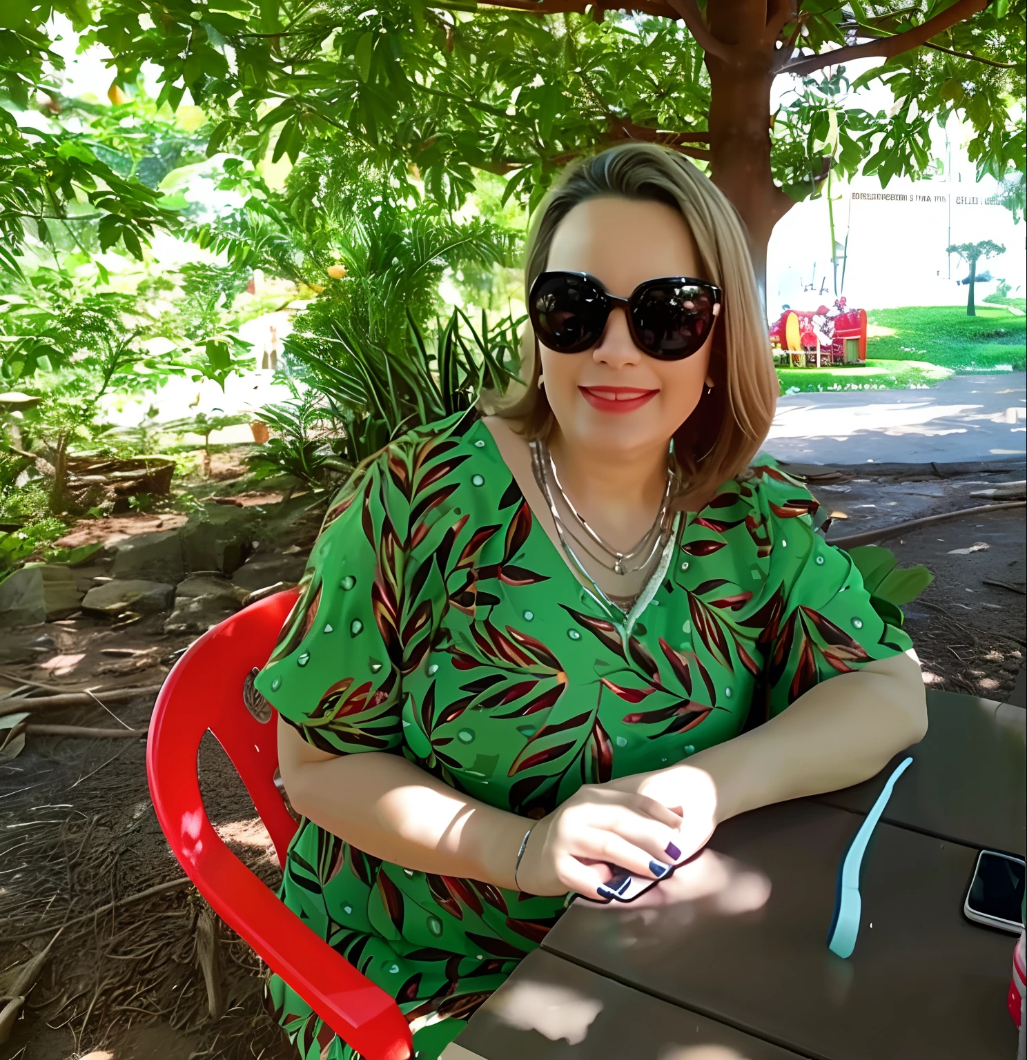 mulher sentada em uma mesa com um celular e uma bebida, em um parque, trees in the background, em um parque, no Parque, belos arredores, divertindo-se, Directed by: Nandor Soldier, foto de perfil, Malika Favre, Tons de verde e vermelho, no parque em um belo dia, Senhora bonita, foto retrato, foto de perfil
