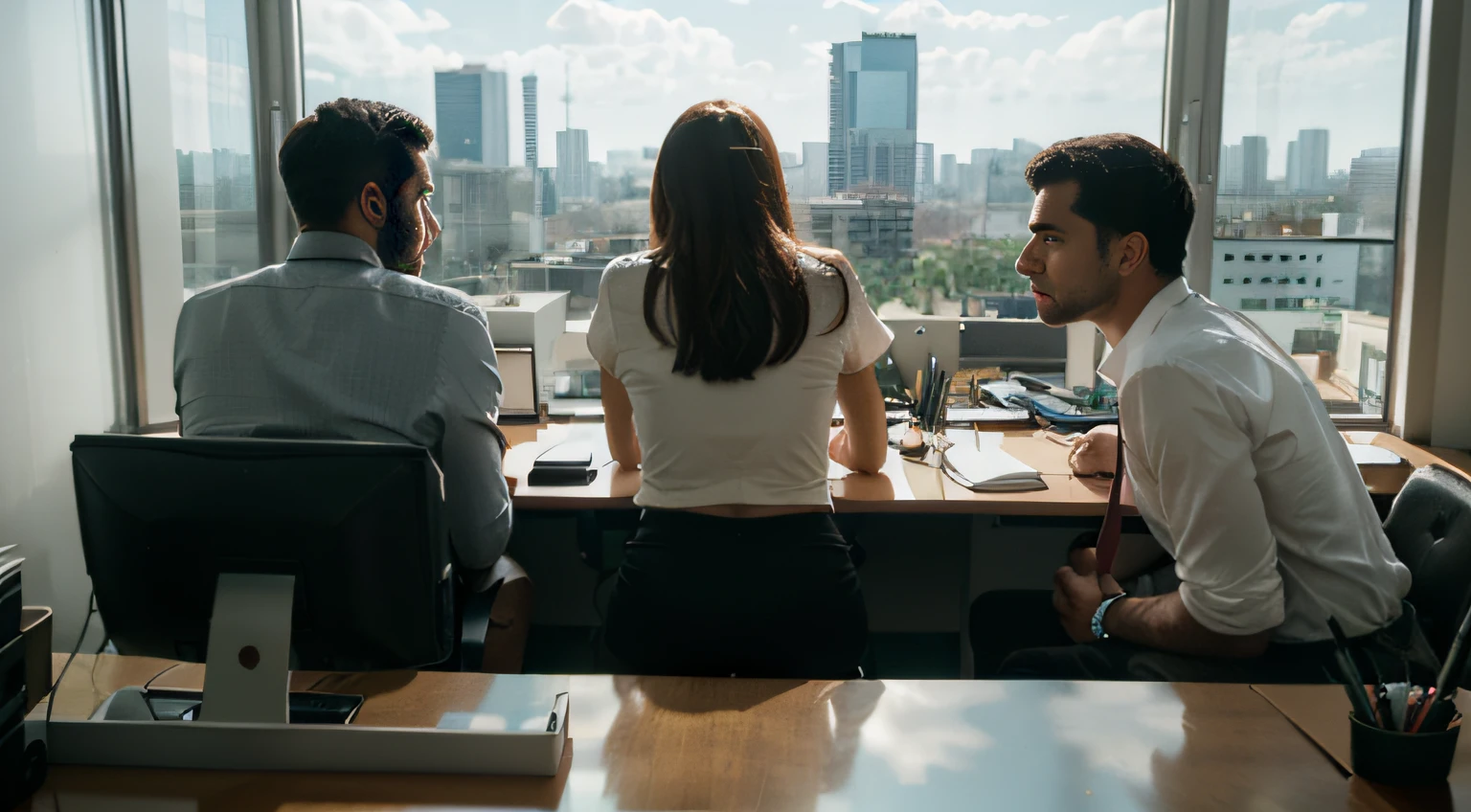 uma imagem de ((dois homens e uma mulher)) olhando de seus ((s office)) Upstairs looking at the (cidade) Have their backs turned.