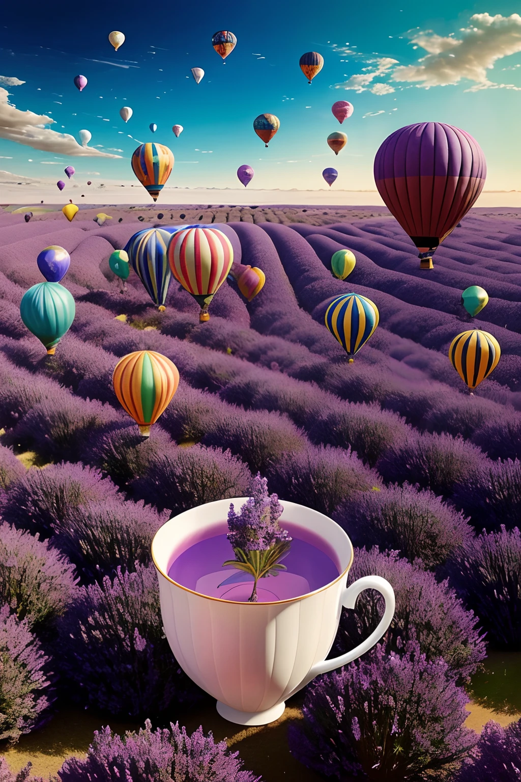 In a surrealism painting, a (giant teacup) stands amidst a (lavender forest), pouring a torrent of (colorful butterflies) that transform into soaring (hot air balloons) above a (marshmallow city) below.