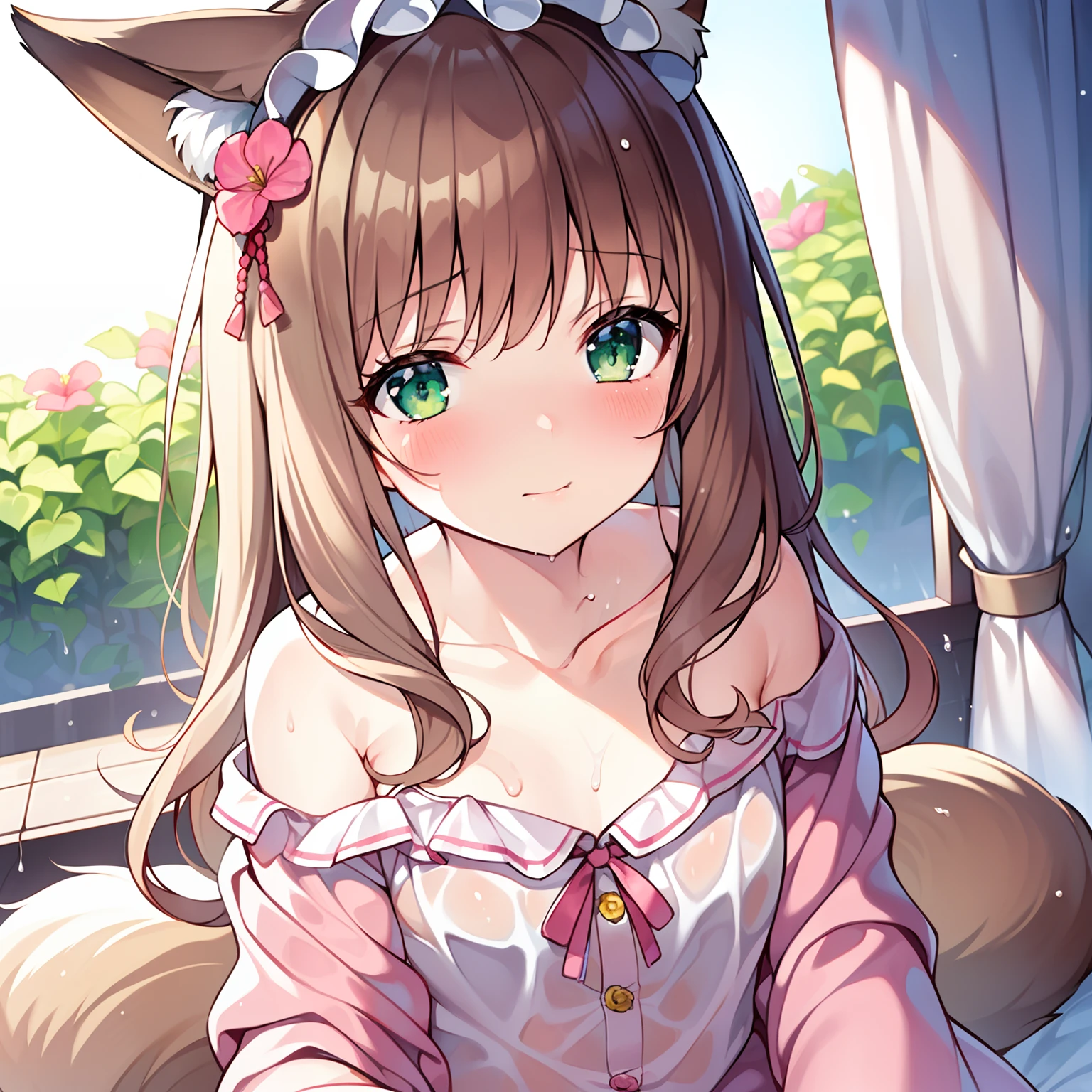 tmasterpiece, Best quality, A high resolution, 1 plump girl, Alone, Oversized fox tail,(Long brown hair),Green-eyed,Small flower headdress, (9 years old_Cute loli),small tit,modernn architecture,A MILF,At home,wearing white pajamas,Wearing white stockings,crawl to the floor_wooden floor, with ??? toys,back to look back_The succubus smile,face flushed,Back close-up,Reclining position,