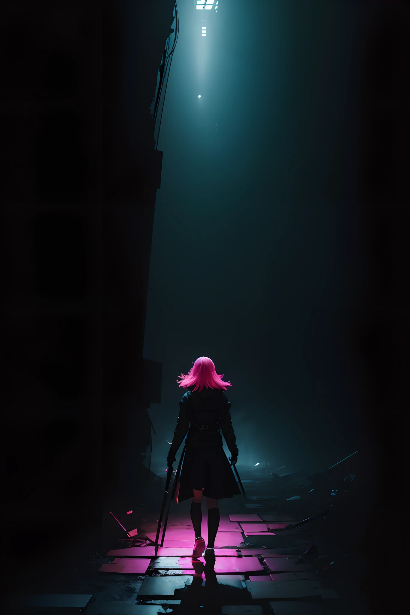 Hitori Gotō (Gotō Hitori?) Retrato ultra detallado , Warm Pink Hair Black Skirt Cyberpunk Ambience, con una guitarra, tocadola caminando,Shaded illustration of high-quality cells in post-apocalyptic style, cuerpo completo, dynamic  pose, Perfect Anatomia, centrado, libertad, alma, approach to perfection, Sombreado de celdas, 4k, cinematic dramatic atmosphere, Pintura de acuarela, global ilumination, Entorno detallado e intrincado, Art Station, arte conceptual, fluid and sharp focus, volumetric illumination, cinematography lighting