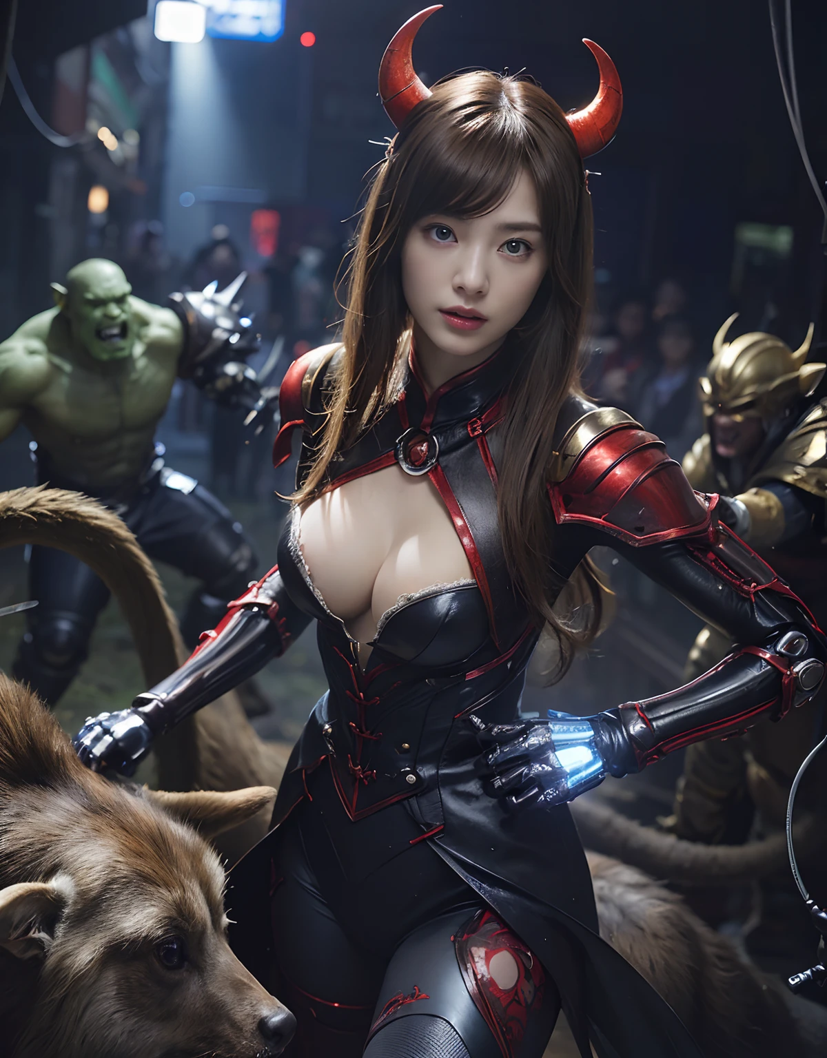 (1 Mechanical Girl)、top-quality、masterpiece、超A high resolution、(Photorealsitic:1.4)、Raw photo、女の子1人、Fight mutants、glowy skin、(((1 Mechanical Girl)))、With a beautiful knife、(Red Metal Bodysuit)、((Random Hair Styles)),(Fight goblings、ogre、Fierce battle with orcs),(Fight fiercely against aliens)、Fight fiercely、(beautiful forest background)、(Fighting Demonic Beasts)、(Small LED)、((super realistic details))、portlate、(Strong giant demon beast background),globalillumination、Shadow、octan render、8K、ultrasharp、Colossal tits、Raw skin is exposed in cleavage、metals、Details of complex ornaments、Japan details、highly intricate detail、Realistic light、(Mystical expression),CGSoation Trends、Blue eyes、radiant eyes、Facing the camera、neon details、(Mechanical limbs)、(blood vessels connected to tubes)、(Wires and cables connecting to the head)、Small LED、,Mechanical thighs、Toostock、(Hands are also made of machines)、(Attack of the Monster Beasts)、