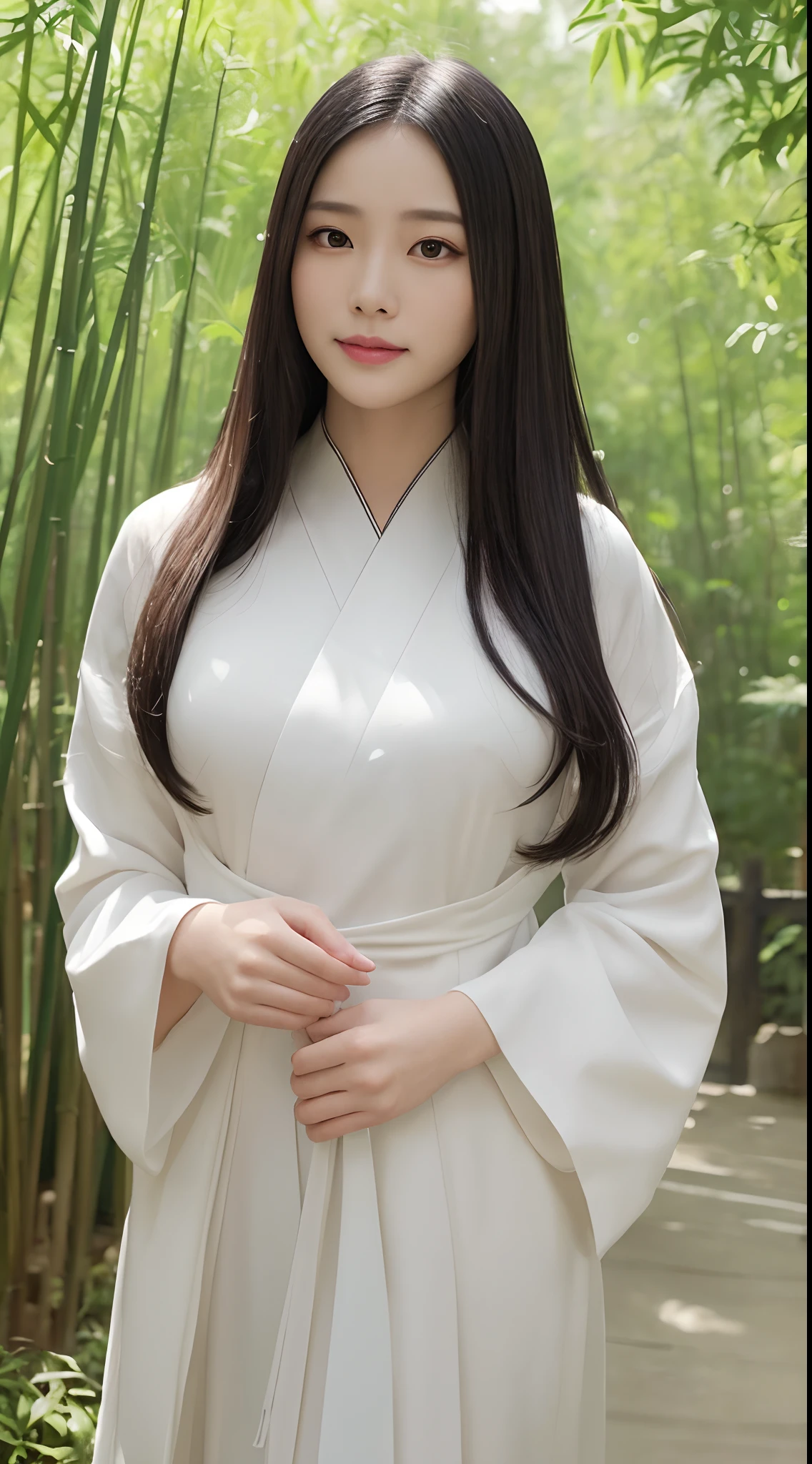 (Best quality,4K,A high resolution,Masterpiece:1.2),Realistic,White Hanfu,Long black hair,Beautiful detailed eyes,beautiful detailed lips,peaceful expression,gently smiling,In the hazy bamboo forest,ssmile,Semi-hidden paths,Dappled sunlight,tranquil ambiance,Traditional Chinese painting style,Vivid colors,Soft lighting