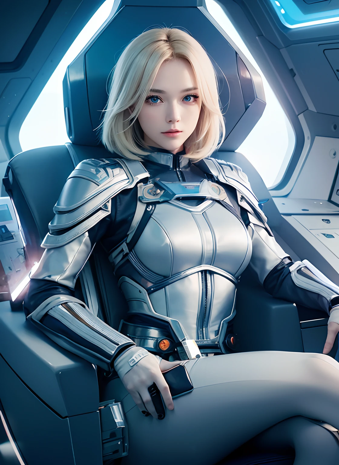 A beautiful woman with blonde hair and blue eyes is sitting in a luxurious command seat inside a spaceship. her hair is short. She wears a silver battle uniform, with something on her waist reminiscent of Kamen Rider's transformation belt. She's inside a spaceship. 8K image quality.