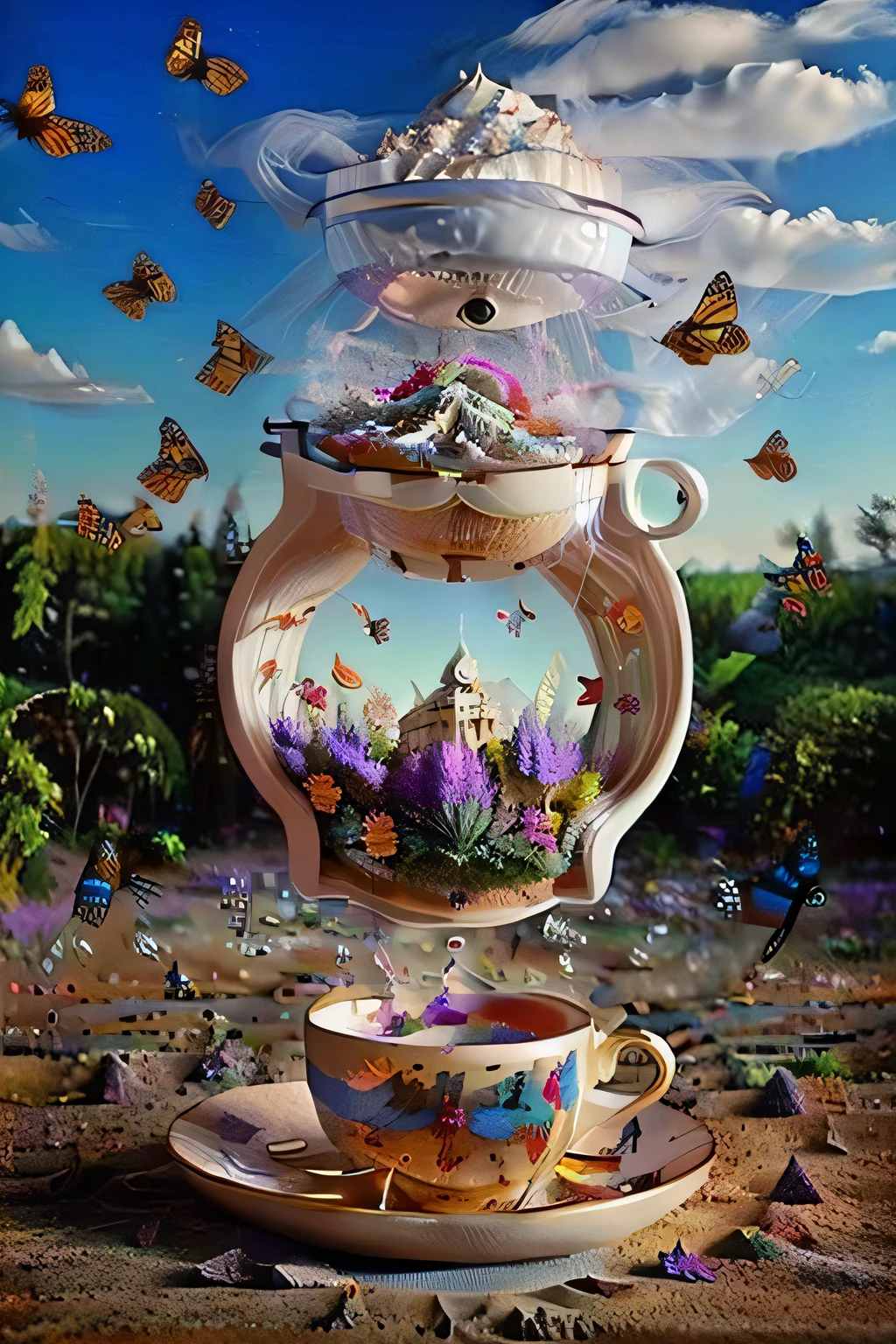 inside a glass bottle, In a surrealism painting, a (giant teacup) stands amidst a (lavender forest), pouring a torrent of (colorful butterflies) that transform into soaring (hot air balloons) above a (marshmallow city) below.