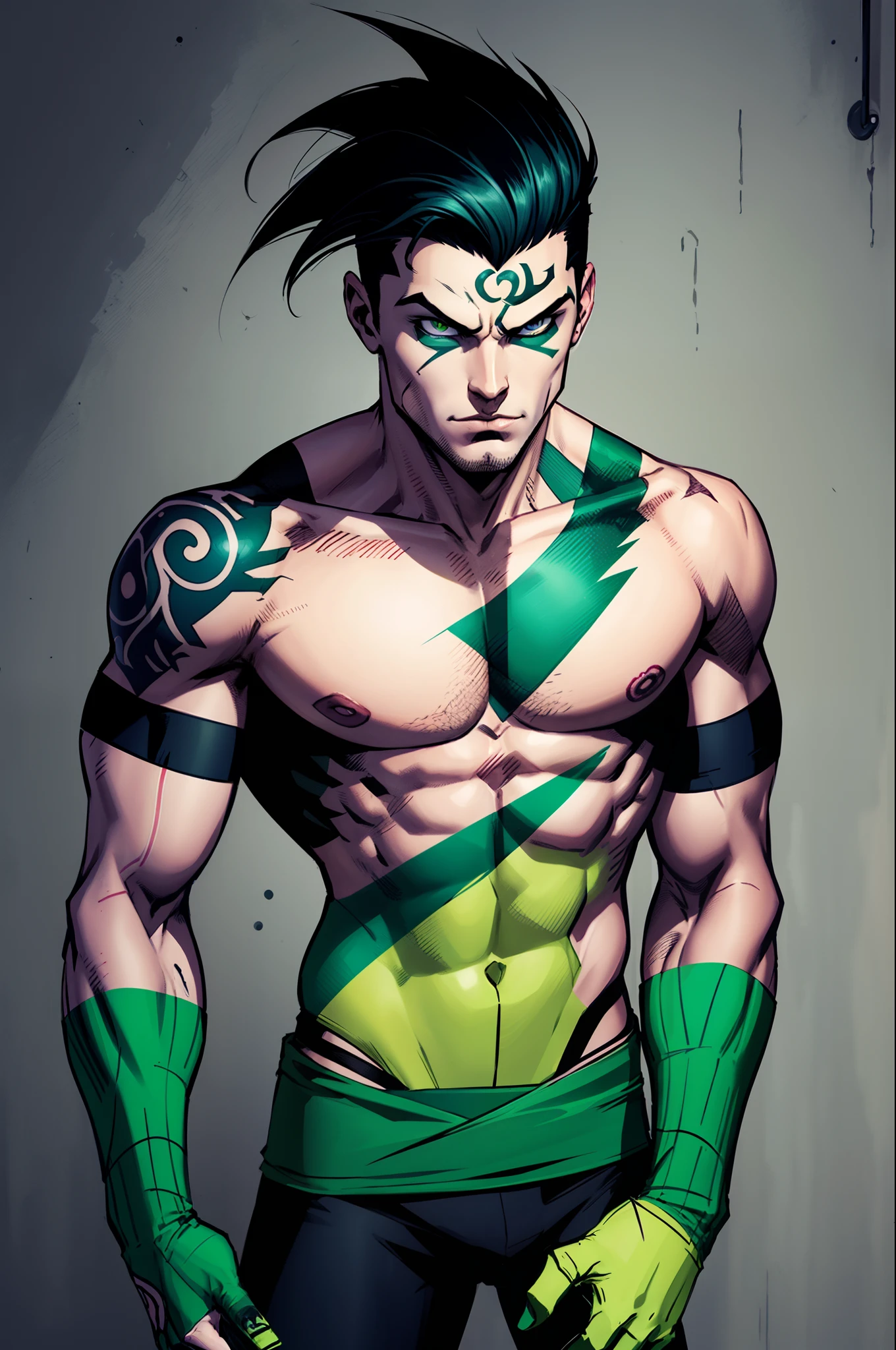 Danny phantom with green eye and tattoo on arm, com correntes