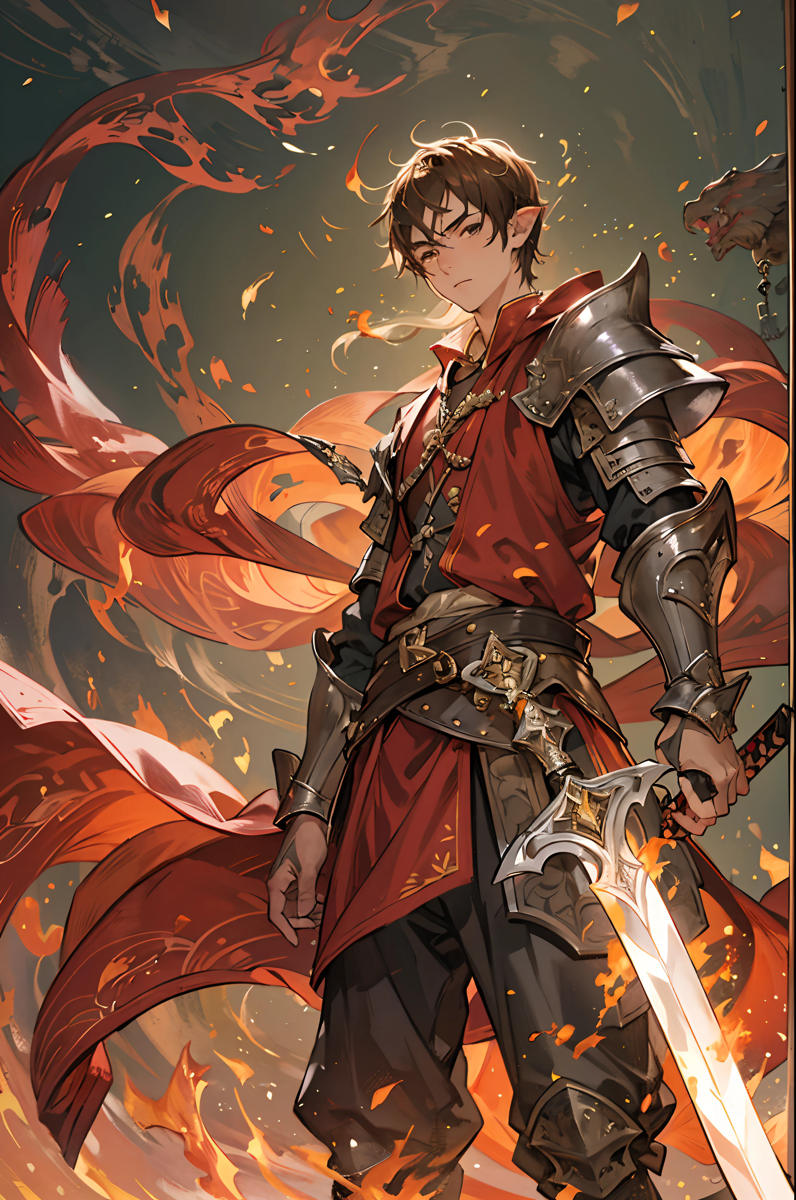A 17-year-old teenage boy, a boy swordsman, holding an medieval sword, height 1.7m, weight 70kg, light skin tone, without a beard, without a goatee, no facial hair, no body hair, brown hair color, straight hair, pointed ears, medieval knight's silver armor, red clothes, he stands engulfed in a cascading torrent of flames, the fire's heat tempered by an otherworldly energy, as the magical fire spirals and dances, it conjures a swirling dance of luminous particles, each a fragment of his ethereal aura, arcane symbols materialize in midair, their glow casting an eerie light on his intense focus