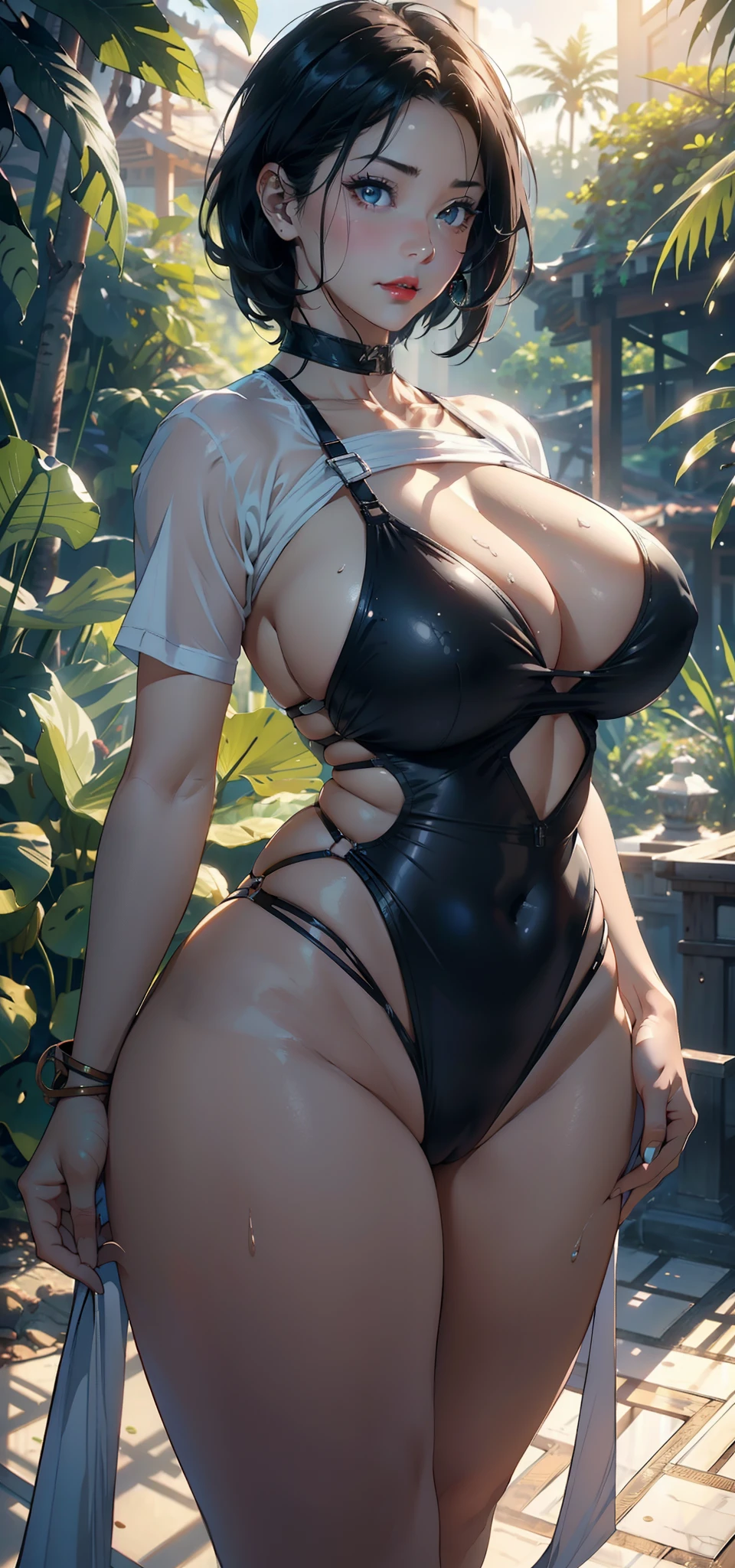 1female,45 yers old,A ,熟妇,muremely large bosom,huge t sagging brt,独奏,(Backgroun:hospitals,the rainforest,lotus flower,Sateen) She has short black hair,bobo head,,seen from the front, standing in forest, mostly cloudy sky,(((tmasterpiece),(Very detailed CG unity 8K wallpaper),best qualtiy,cinmatic lighting,detailed back ground,beatiful detailed eyes,Bright pupils,Black eyes,Snow-whiteskin,Redlip(Very fine and beautiful),(Beautiful and detailed eye description),ultra - detailed,tmasterpiece,))facing at camera,A high resolution,ultra - detailed),extremely large bosom,A sagging breast,revg breasts,Bare gia, Bulge,legs a,Raised sexy,Camel toes,Flushed complexion,Desire foissat,frontage,(Wearing:Transparentuit,)