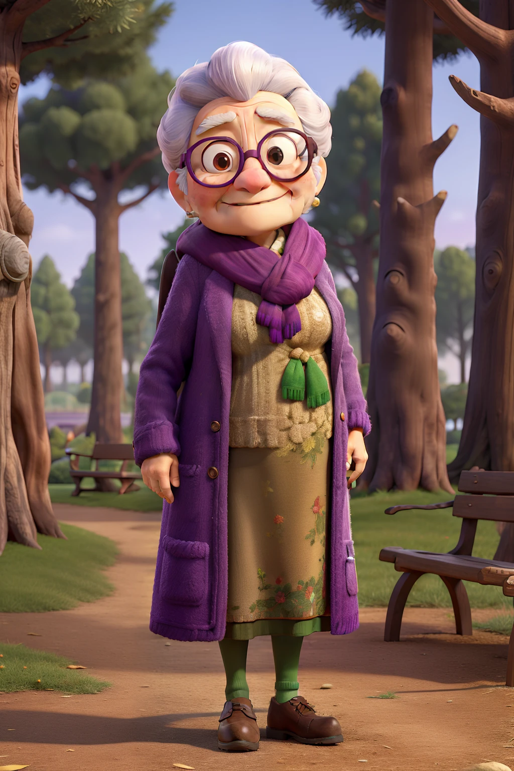 masterpiece, best quality, an old woman with glasses and a scarf on, wearing a purple coat and green scarf, standing at the park