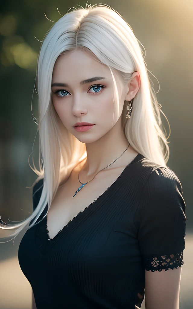 best quality, masterpiece, high_res, 1girl, hair ornament, necklace, jewelry, Beautiful face, tyndall effect, photo realistic, rim lighting, two tone lighting, (high detailed skin:1.2), 8k uhd, dslr, soft lighting, high quality, volumetric lighting, candid, Photograph, high resolution, 4k, 8k, Bokeh, medium breasts, absurdres, white hair color, view of the body from head to knees, blue eyes color, black color dress,