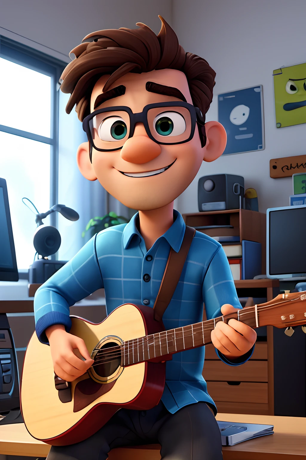 homem grisalho, gosta de computador. Enjoys guitar and music, The man is playing guitar, with eyes fixed on the camera, disney pixar desenho animado em 3d, On the Graphic Design Desk Background