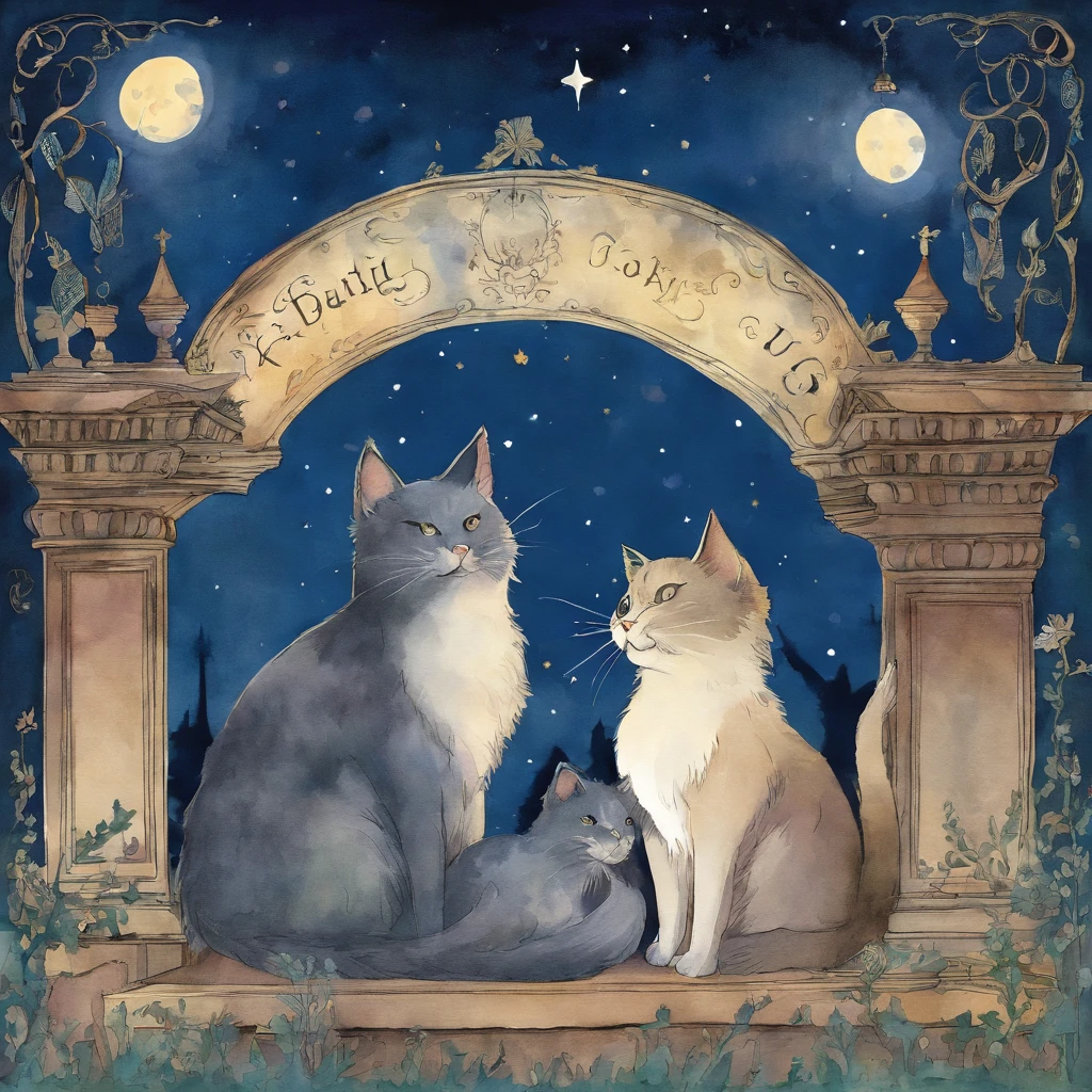 Silhouette three Cat Concert with a large fullmoon in the background on the roof　Fantastic atmosphere　Picture book illustrations　watercolor paiting　Overall, the color is strong dark blue